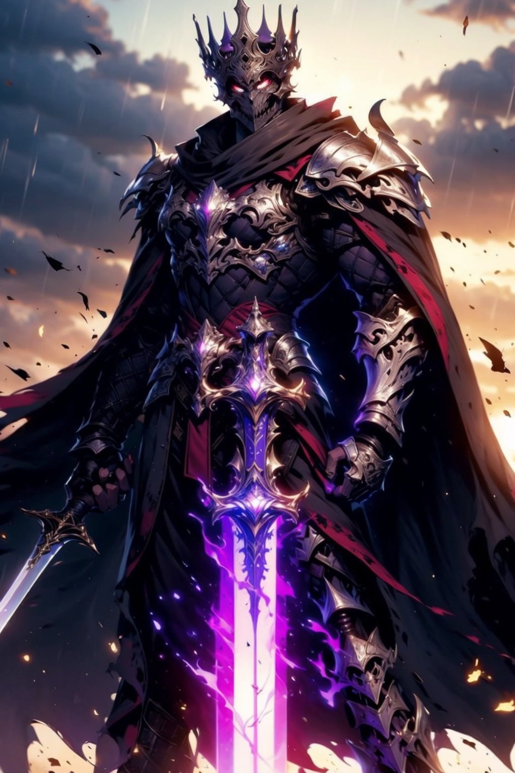 EpicGhost,  solo,  1boy,  holding,  standing,  weapon,  male focus,  outdoors,  sky,  sword,  cloud,  cape,  holding weapon,  armor,  torn clothes,  glowing,  holding sword,  helmet,  cloudy sky,  crown,  shoulder armor,  gauntlets,  rain,  pauldrons,  breastplate,  black cape,  greaves,  full armor,  black armor,  grey sky,  torn cape,  torn, <lora:EMS-58131-EMS:0.800000>