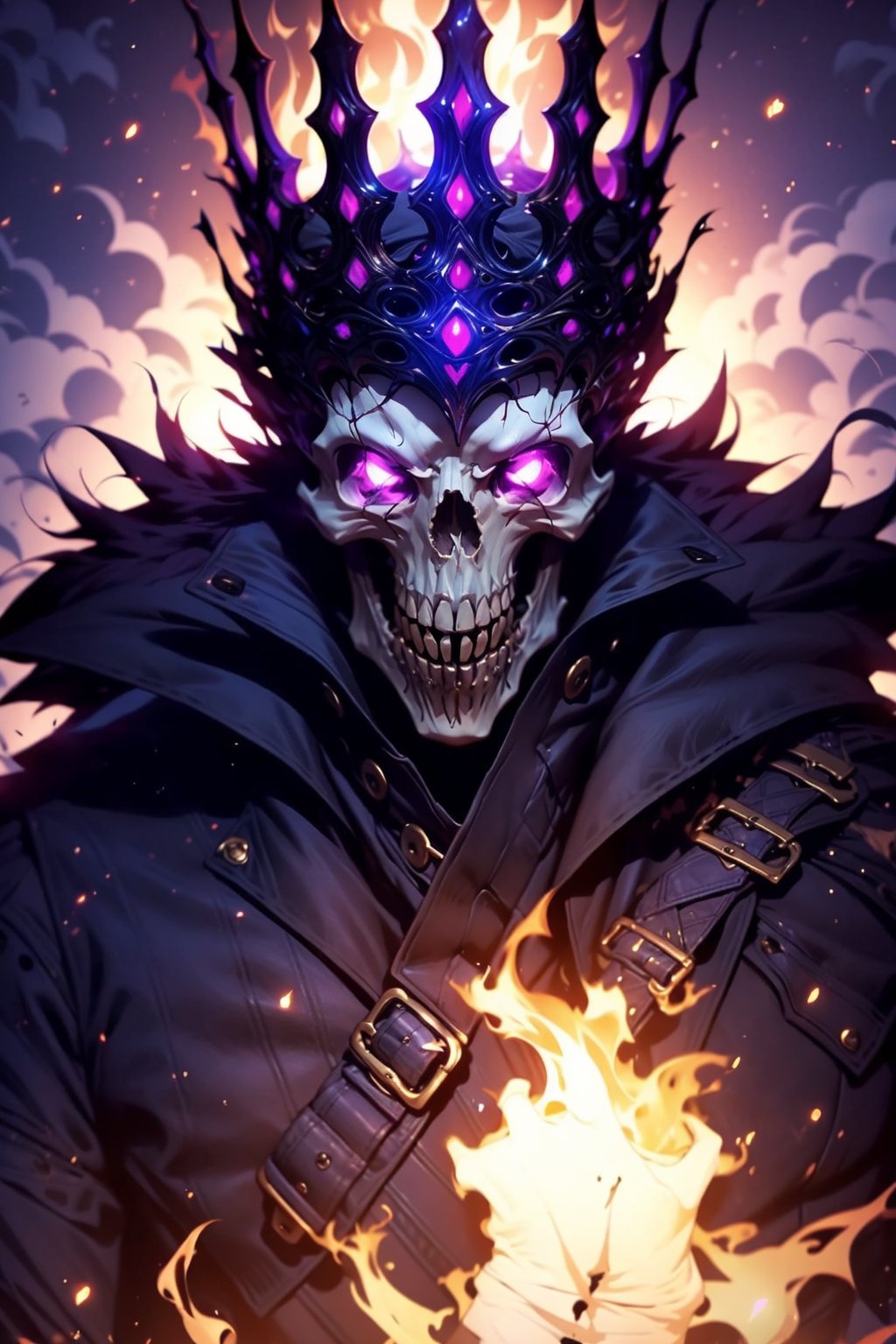 EpicGhost,  solo,  looking at viewer,  1boy,  purple eyes,  upper body,  male focus,  fur trim,  glowing,  fire,  crown,  glowing eyes,  skull,  aura, <lora:EMS-58131-EMS:0.800000>