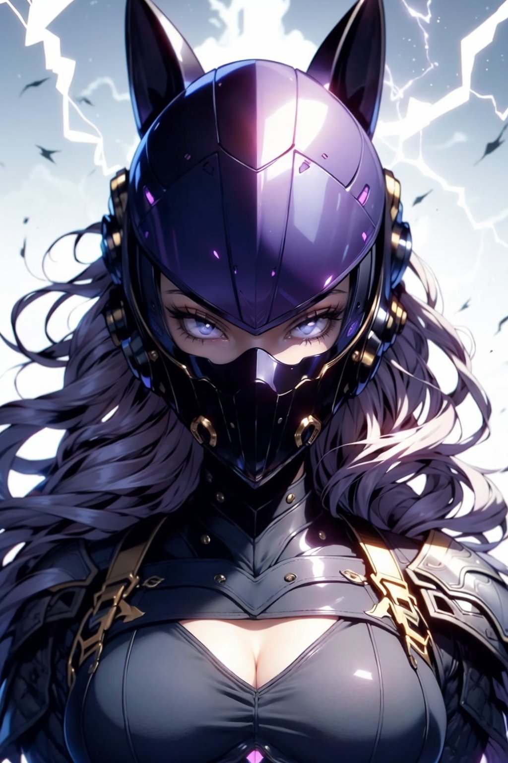 EpicGhost,  1girl,  solo,  long hair,  breasts,  looking at viewer,  medium breasts,  upper body,  purple hair,  armor,  official alternate costume,  grey eyes,  bodysuit,  mask,  glowing,  helmet,  portrait,  electricity,  animification,  white eyes,  straight-on, <lora:EMS-58131-EMS:0.800000>