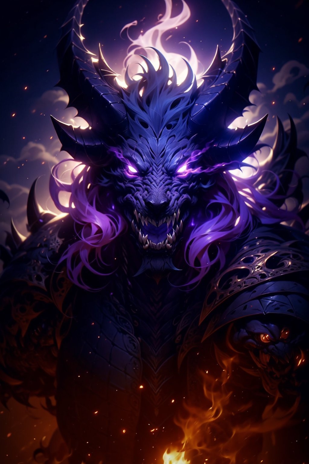 EpicGhost,  solo,  looking at viewer,  open mouth,  purple eyes,  horns,  teeth,  no humans,  glowing,  fangs,  fire,  sharp teeth,  glowing eyes,  dragon,  purple theme, <lora:EMS-58131-EMS:0.800000>