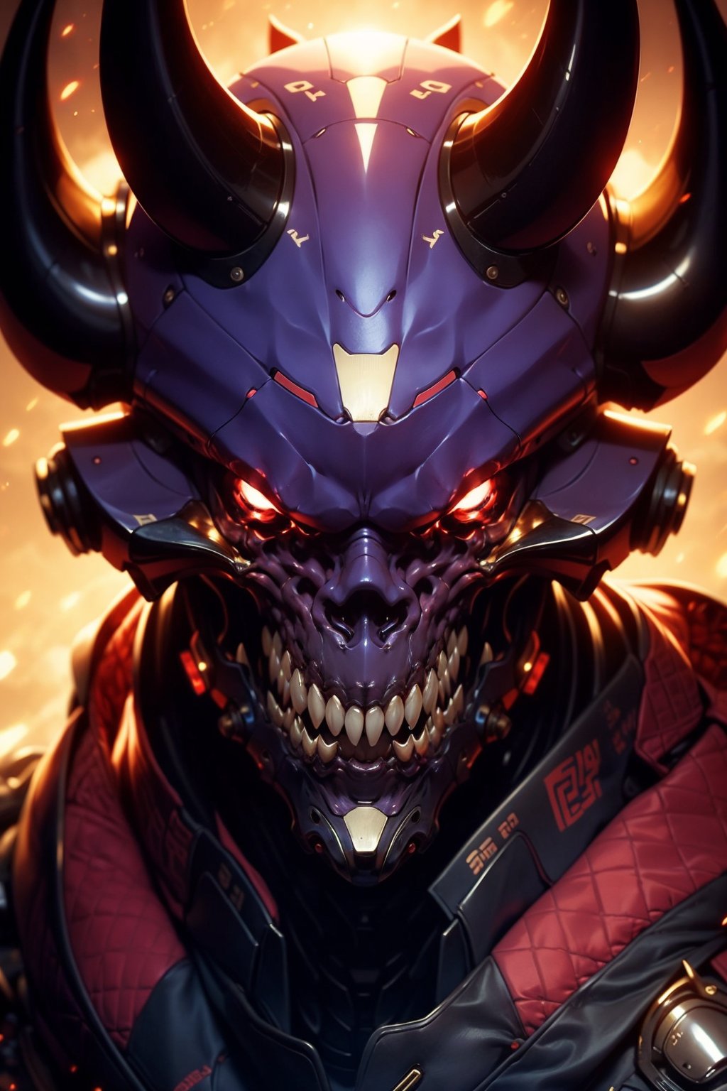 EpicGhost,  solo,  looking at viewer,  red eyes,  horns,  teeth,  no humans,  glowing,  robot,  sharp teeth,  portrait,  mecha,  glowing eyes,  science fiction,  straight-on, <lora:EMS-58131-EMS:0.800000>