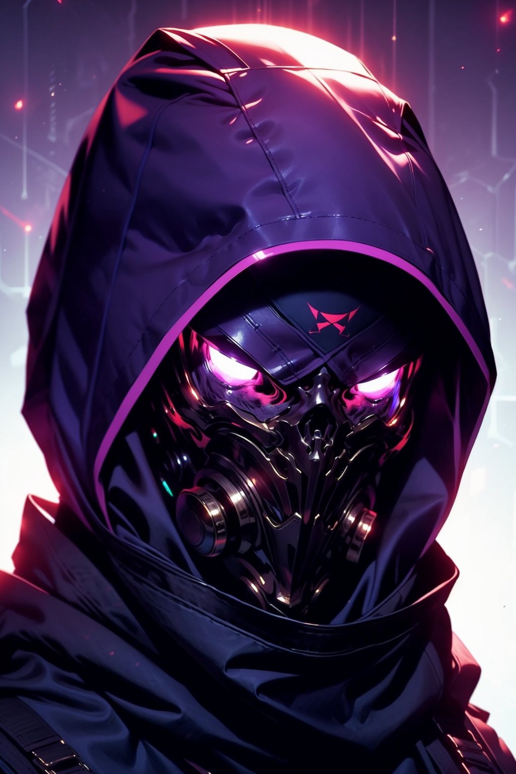 EpicGhost,  solo,  looking at viewer,  1boy,  purple eyes,  male focus,  teeth,  hood,  mask,  glowing,  portrait,  glowing eyes,  hood up,  science fiction, <lora:EMS-58131-EMS:0.800000>