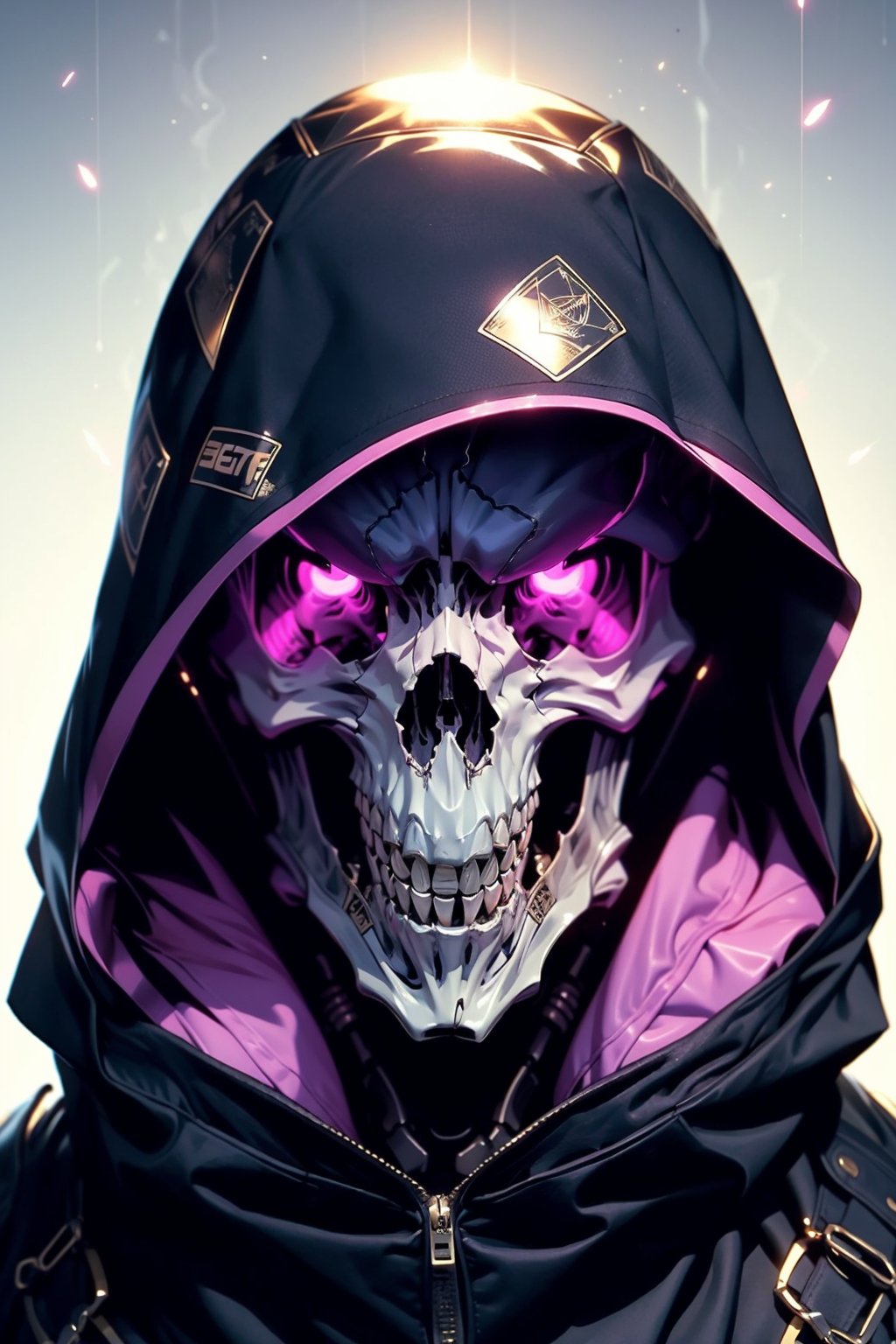 EpicGhost,  solo,  looking at viewer,  1boy,  purple eyes,  male focus,  teeth,  hood,  pink eyes,  no humans,  mask,  glowing,  robot,  portrait,  glowing eyes,  hood up,  science fiction,  skull,  skull mask, <lora:EMS-58131-EMS:0.800000>