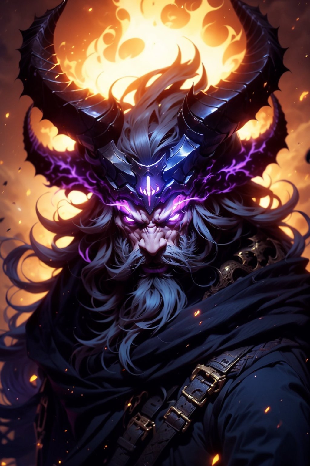 EpicGhost,  solo,  long hair,  looking at viewer,  1boy,  purple eyes,  white hair,  male focus,  horns,  glowing,  facial hair,  fire,  glowing eyes,  beard,  fake horns,  horned helmet, <lora:EMS-58131-EMS:0.800000>