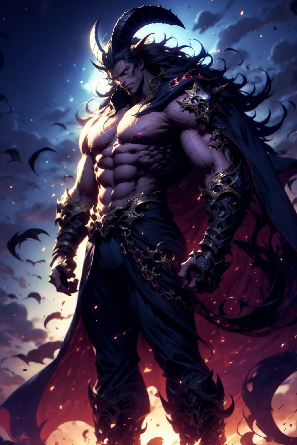 EpicGhost,  solo,  long hair,  black hair,  red eyes,  1boy,  standing,  male focus,  horns,  sky,  cape,  muscular,  night,  glowing,  colored skin,  abs,  pectorals,  muscular male,  gauntlets,  night sky,  glowing eyes,  topless male, <lora:EMS-58131-EMS:0.800000>