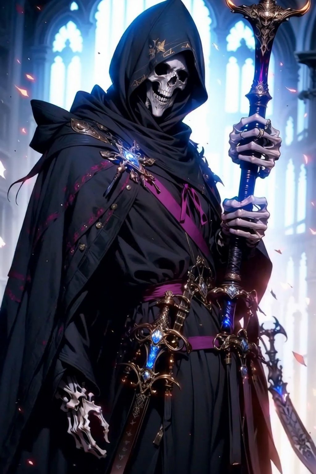 EpicGhost,  solo,  looking at viewer,  1boy,  holding,  standing,  weapon,  male focus,  sword,  hood,  holding weapon,  mask,  glowing,  holding sword,  cloak,  hood up,  skull,  skeleton,  black cloak,  skull mask, <lora:EMS-58131-EMS:0.800000>