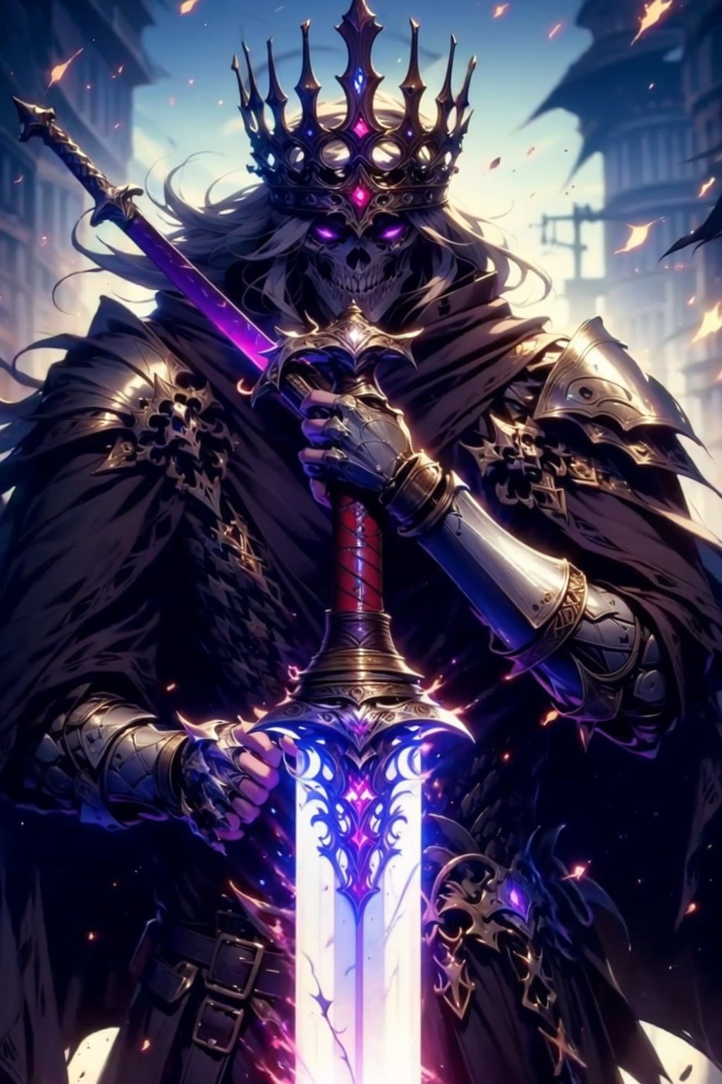 EpicGhost,  solo,  long hair,  looking at viewer,  1boy,  holding,  weapon,  male focus,  sword,  cape,  holding weapon,  armor,  glowing,  holding sword,  helmet,  crown,  shoulder armor,  gauntlets,  pauldrons,  planted,  full armor,  planted sword,  hands on hilt, <lora:EMS-58131-EMS:0.800000>