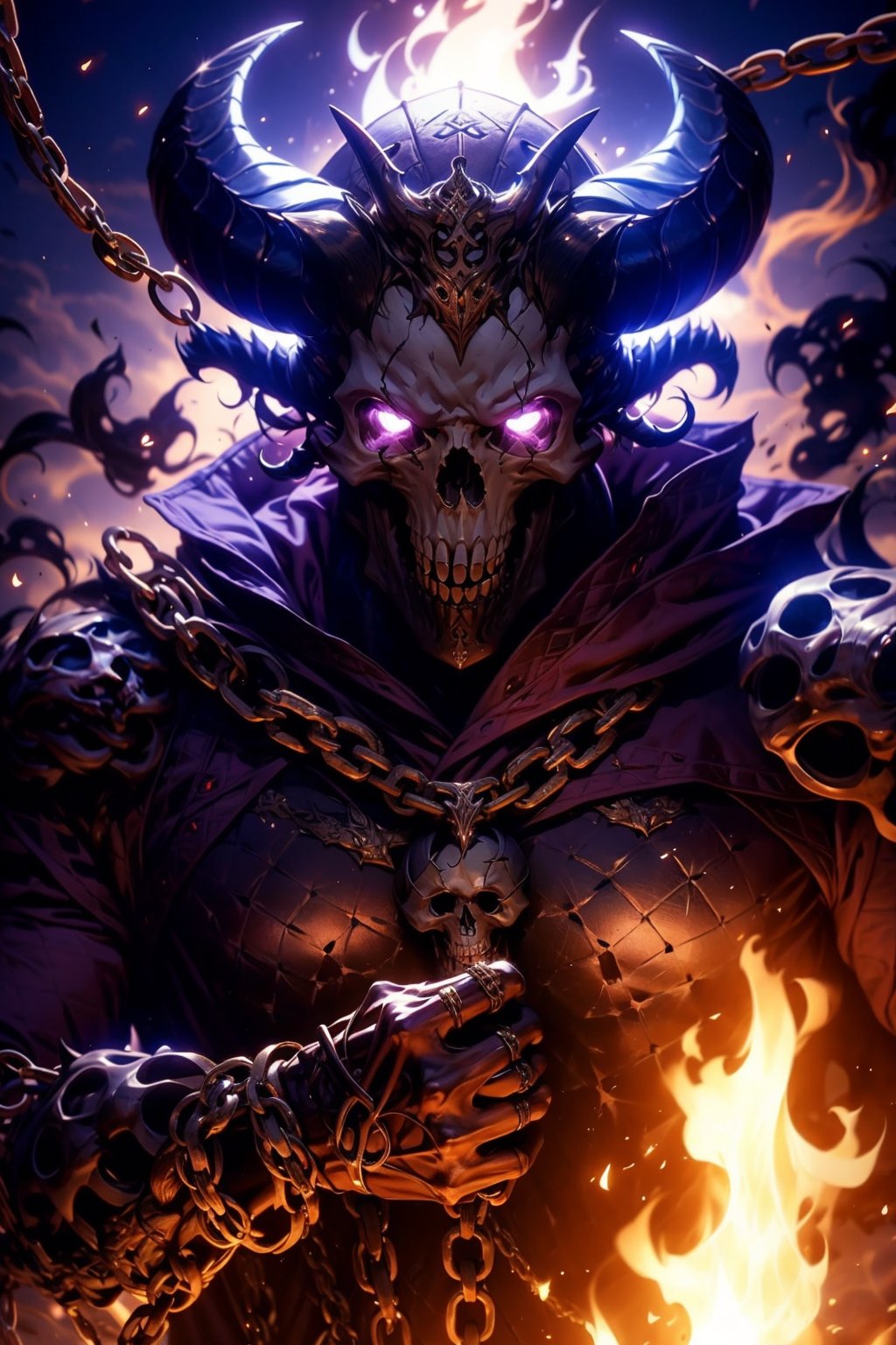 EpicGhost,  solo,  looking at viewer,  1boy,  purple eyes,  male focus,  horns,  armor,  glowing,  chain,  fire,  glowing eyes,  skull,  flame, <lora:EMS-58131-EMS:0.800000>