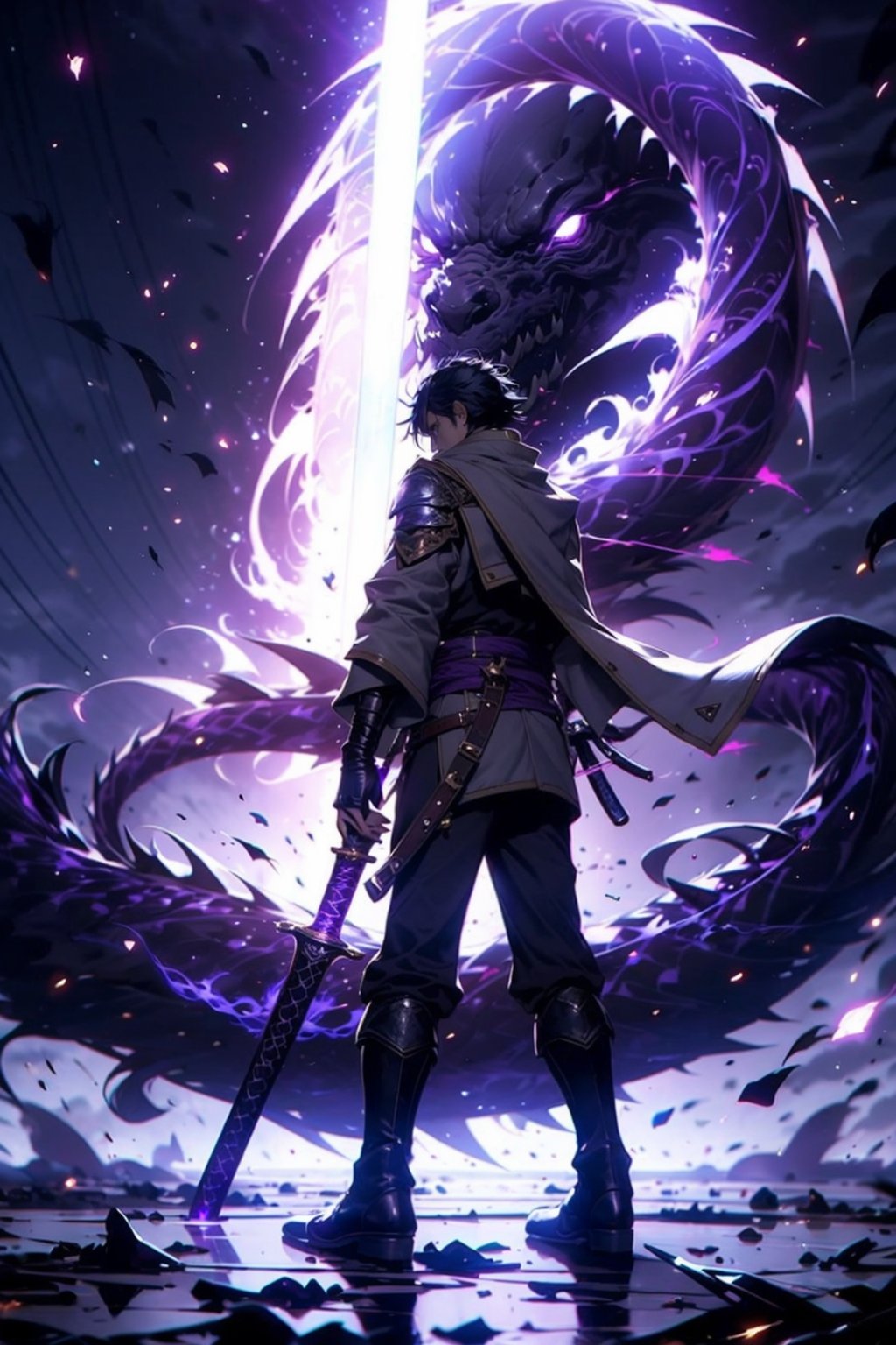 EpicGhost,  solo,  short hair,  black hair,  gloves,  long sleeves,  1boy,  holding,  standing,  jacket,  full body,  weapon,  male focus,  boots,  black gloves,  pants,  sword,  fingerless gloves,  from behind,  scarf,  black footwear,  holding weapon,  armor,  sash,  glowing,  holding sword,  black pants,  white jacket,  katana,  wind,  sheath,  light particles,  blue theme,  dragon,  facing away,  japanese armor,  purple theme,  planted,  eastern dragon,  pants tucked in, <lora:EMS-58131-EMS:0.800000>