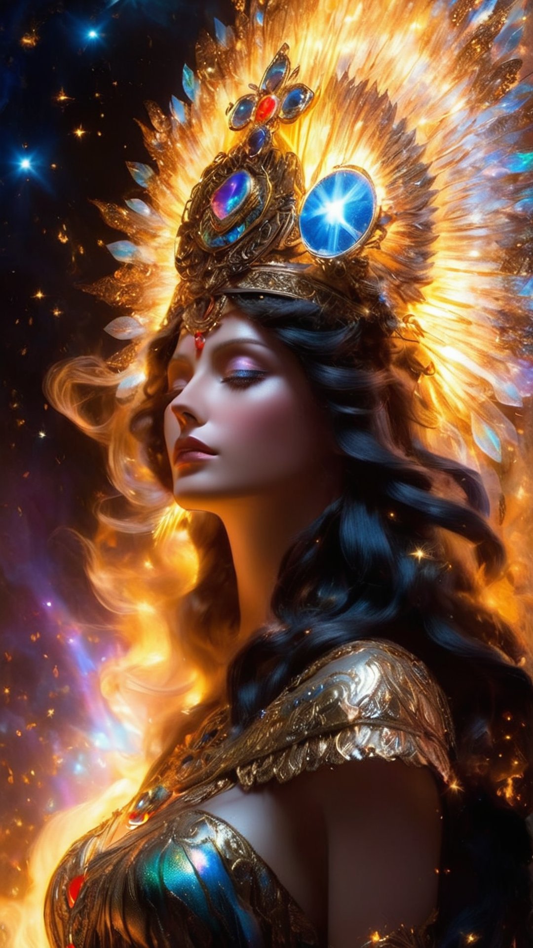 a close up of a woman with black flame head, portrait of queen of heart, extremely detailed goddess shot, side angle, goddess art, npc with a saint's iridescent halo, by Hidari Jingorō, goddess portrait, goddess of light, angelic halo, epically luminous image, npc with a saint's halo, celestial aura, bright divine lighting, Goddess of light,Dark_Fantasy_Style