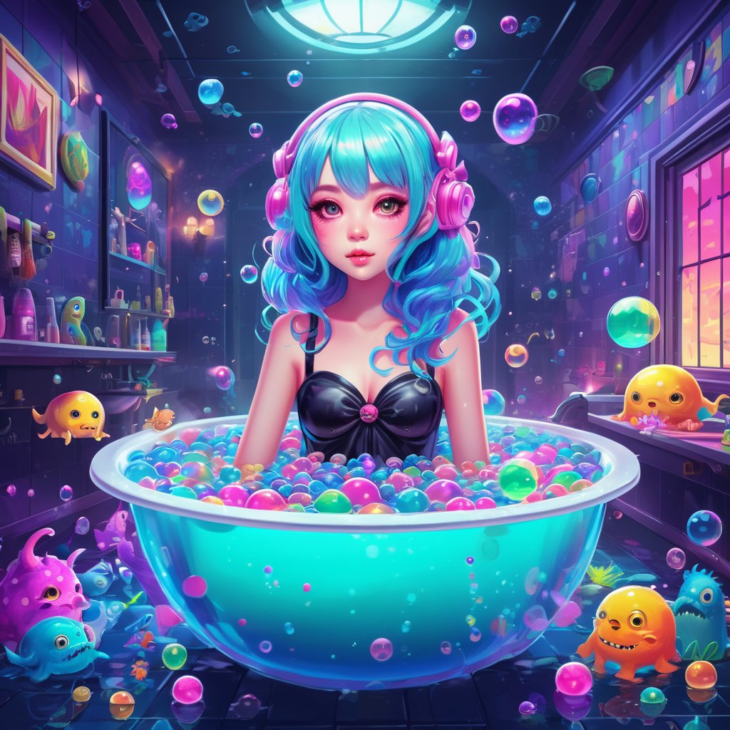 Colorfull,  bathe girl in bathub,  dark fantasy bathroom,  monsters bubbles,  pastel color,  cartoon,  cute,  kawaii,  magic,  psychedelic,  creative,  neon color,  bright,  anime art,  complex detailing,  high detailed,  high_res, Magical Fantasy style