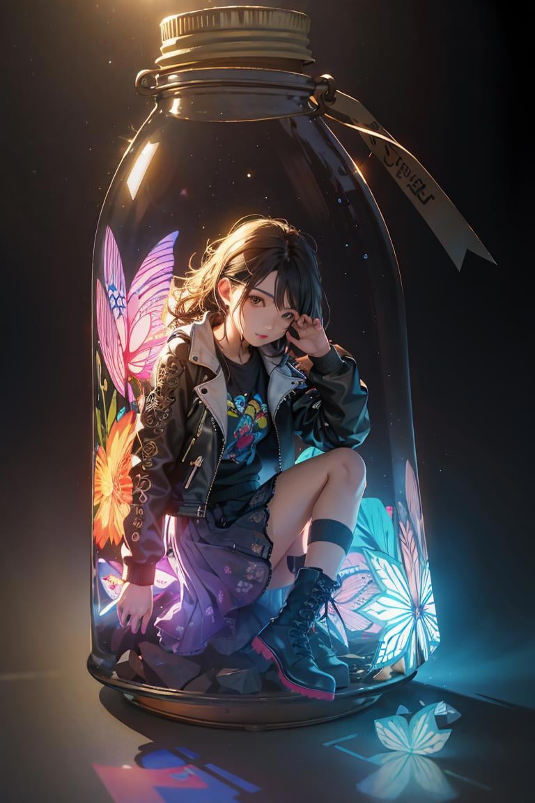 Best quality, masterpiece, ultra high res, (photorealistic:1.4),(zentangle:1.2),classical,Tyndall Effect,light background,vibrant color,1girl, (anyachalotra:0.8), full body, looking at viewer, tulle skirt, graphic tee, moto jacket, combat boots, sitting,in the dark, deep shadow, low key, glass bottle, grey background, gib\(concept\),  <lora:bottle_locon_v2m:0.7> 