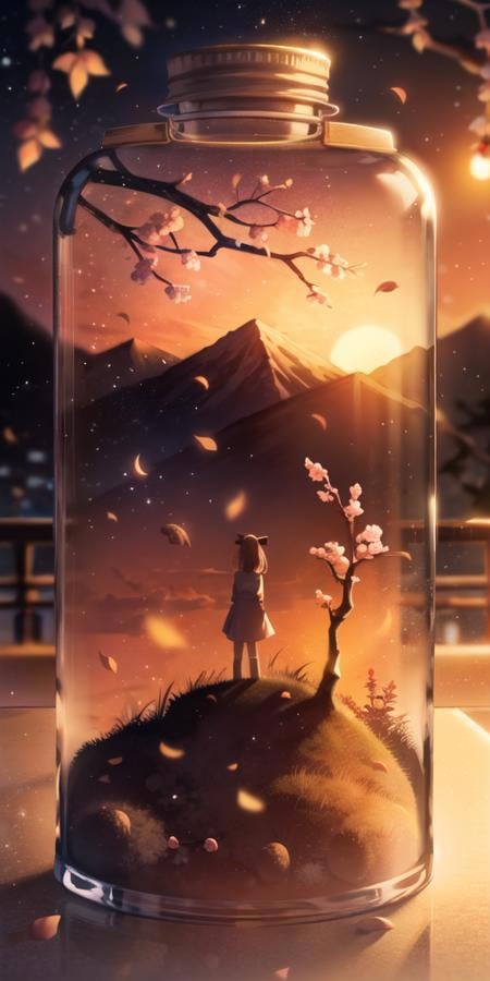 1girl, bottle, branch, cherry blossoms, dark room, floor, herbarium, gib\(concept\), mountain, reflection, scenery, silhouette, sky, solo, vial, water, tree, blurry, light particles, leaf, minigirl,backlighting, sunset, from behind, looking away, <lora:bottle_locon_v2m:1>