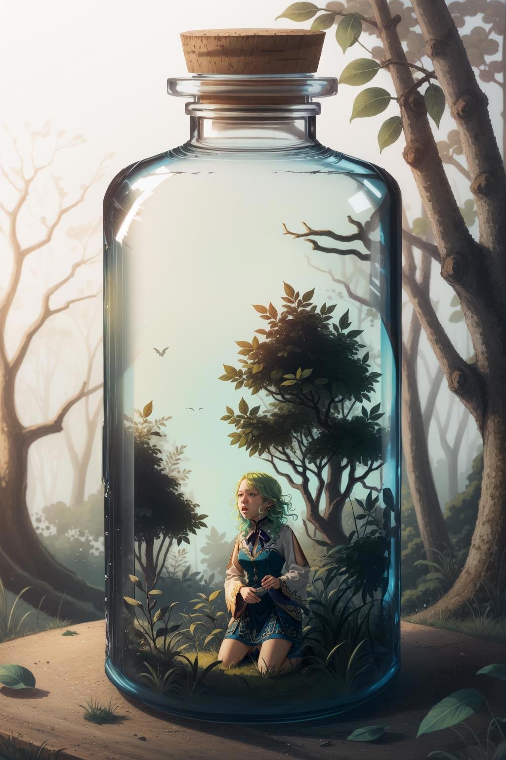 (masterpiece, best quality),  intricate details, 8k, artstation, wallpaper, official art, splash art, sharp focus,1girl,   <lora:bottle_locon_v2m:0.8> gib\(concept\), jar, bottle,    woods, trees, overhanging branches, leaves, overgrown,  abandoned,<lora:ceresFaunaHololive_v1:0.8> 1girl, ceres_fauna,  green hair, antlers, crying, trying to escape, kneeling,