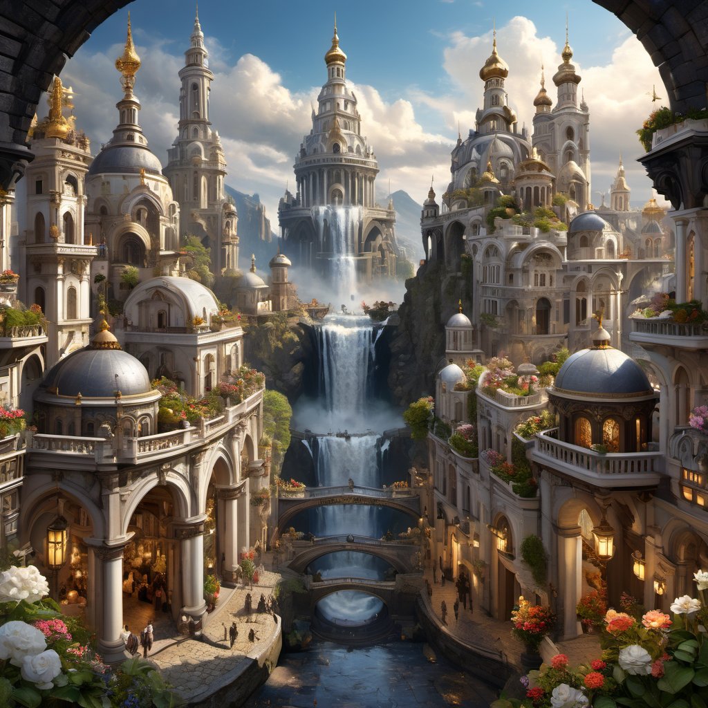 (Baroque painting), busy white and black fantasy city divided into many levels and towers, people, animals, isometric 3d art of floating streets, cobblestone, flowers, (waterfall:1.2), epic sky clouds, ,greg rutkowski