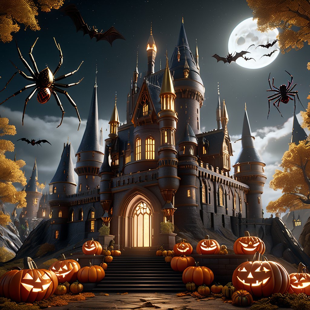 (Halloween Castle, Harry Potter, Spiders), 8k octane render, high detail, masterpiece, hyperdetailed, intricate details, 8K resolution, Cinema 4D, Behance HD, Unreal Engine 5, rendered in Blender, sci-fi, futuristic, trending on Artstation, epic, cinematic background, dramatic, atmospheric, (masterpiece, best quality:1.2), Professional photography, bokeh, natural lighting, canon lens, shot on dslr 64 megapixels sharp focus, complex,Renaissance Sci-Fi Fantasy