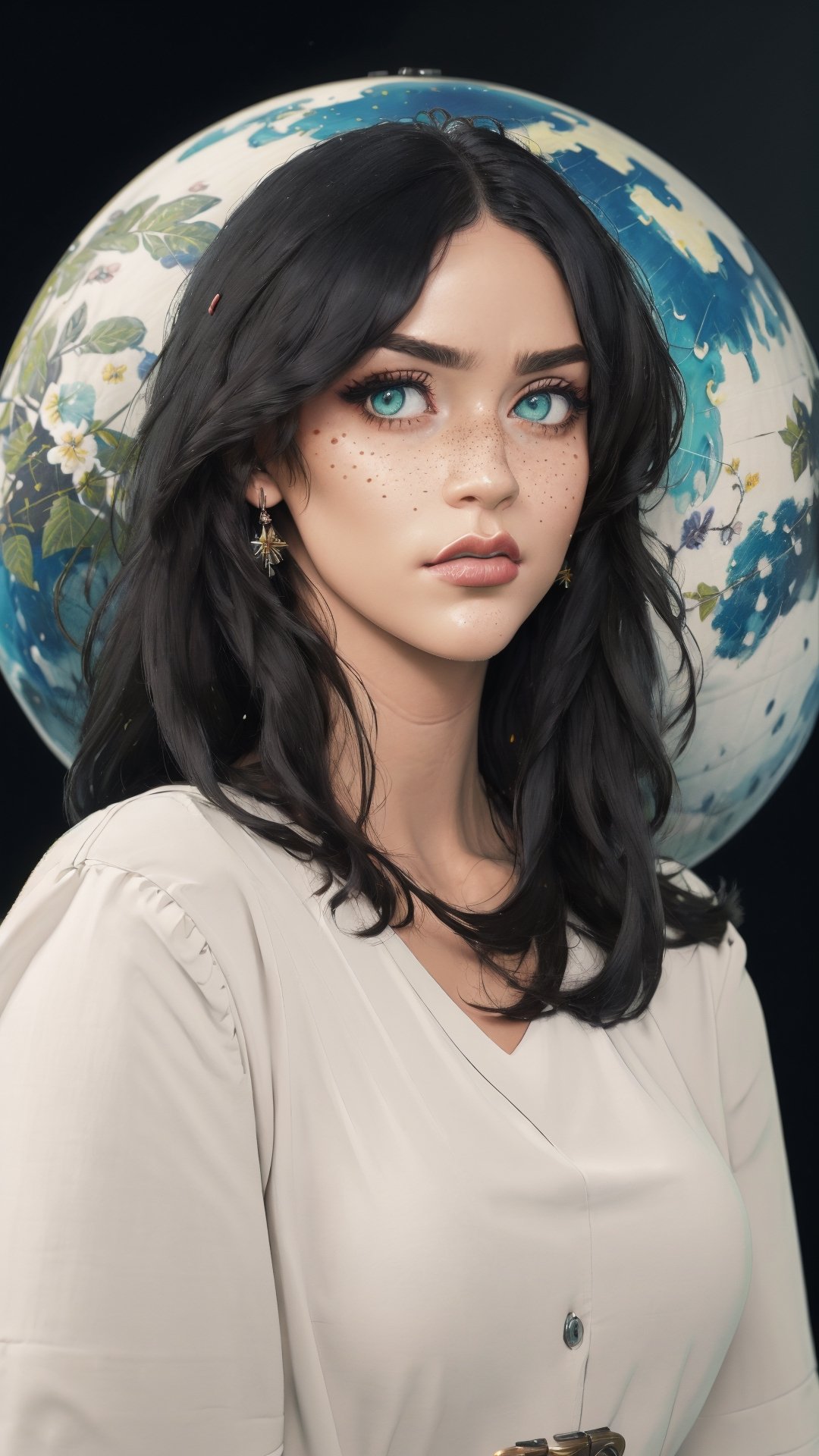 (4k), (masterpiece), (best quality), (extremely complex), (realistic), (sharp focus), (cinematic lighting), (extremely detailed), (epic), A close-up portrait of a woman chubby, serious look, deep look, incredibly detailed hand, long black hair, bangs, mint green eyes, freckles on face, white shirt with jacket on top, black jeans, curvy body, full body, detailed face, perfect eyes, Detailed hands, Mix of fantasy and realism. elements, vibrant manga, uhd image, vibrant illustrations, the background is planet earth,mandha