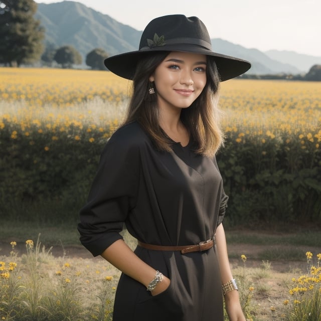 (Blonde hair), flower_field, 22 year old woman, small smile, wearing black outer, wearing woman hat
,mandha, 