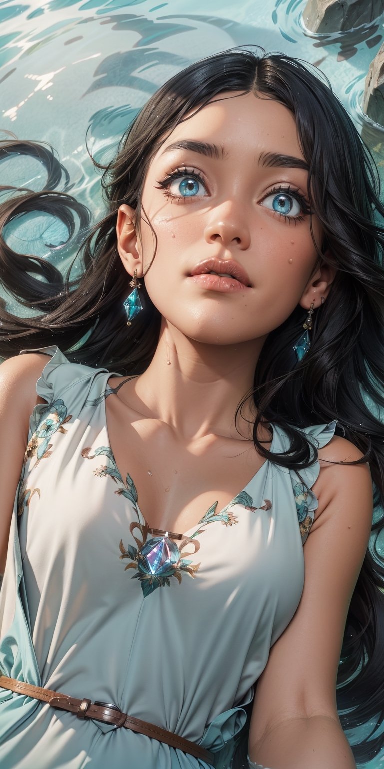 The girl's face looks out of the water, lying in the water, turquoise eyes, looking up, relaxed, crystal clear water, top view, excellent quality, elaborate and complex details, masterpiece, glare, reflections, shine water, glowing,High detailed ,mandha