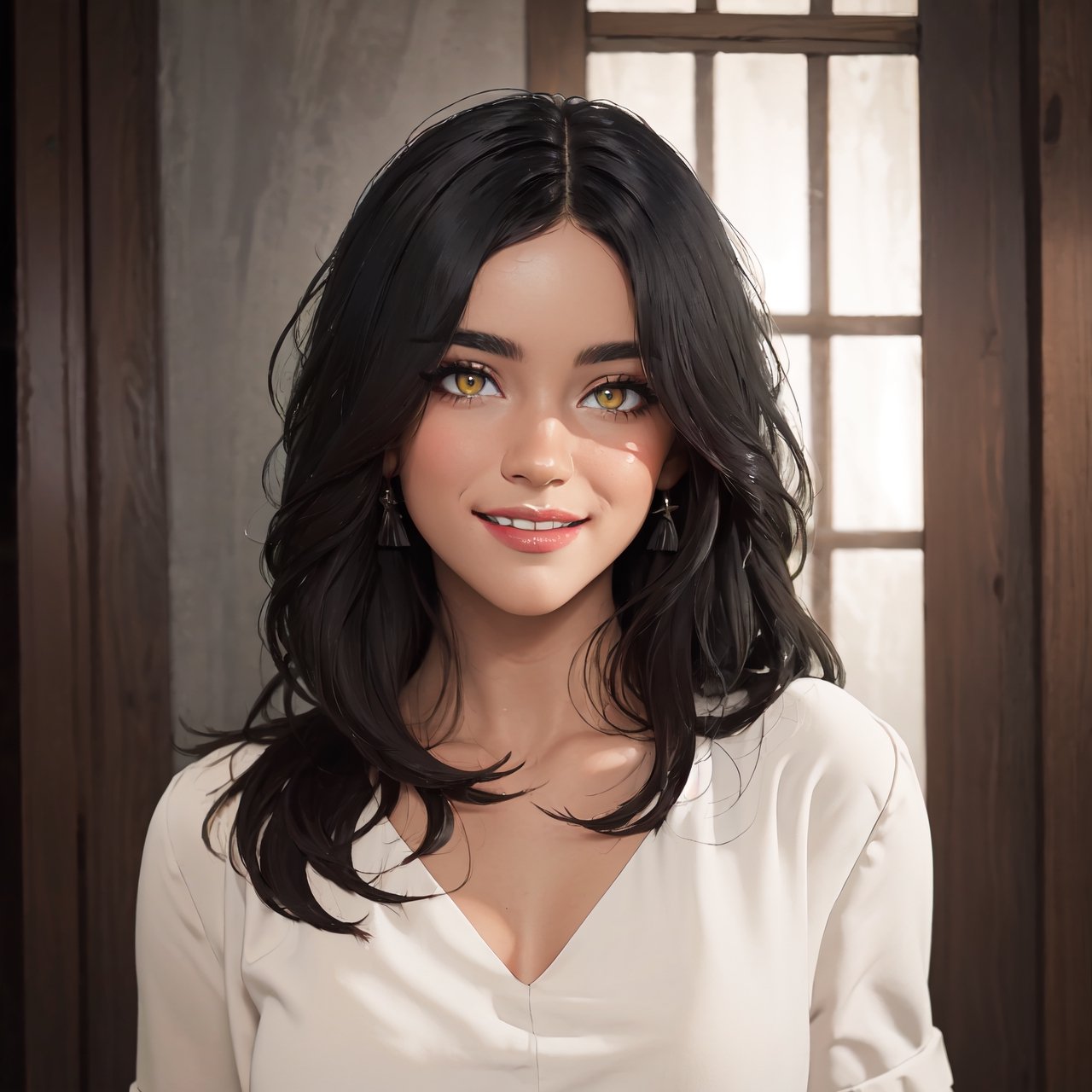  atmospheric scene,  masterpiece,  best quality,  (detailed face,  detail skin texture,  ultra-detailed body),  (cinematic light:1.1),    ,  r0seb7rne-smf,  solo,  realistic,  long hair,  lips,  yellow eyes,  looking at viewer,  black hair,  upper body,  smile,  long white and black dress,  big breasts, ,mandha