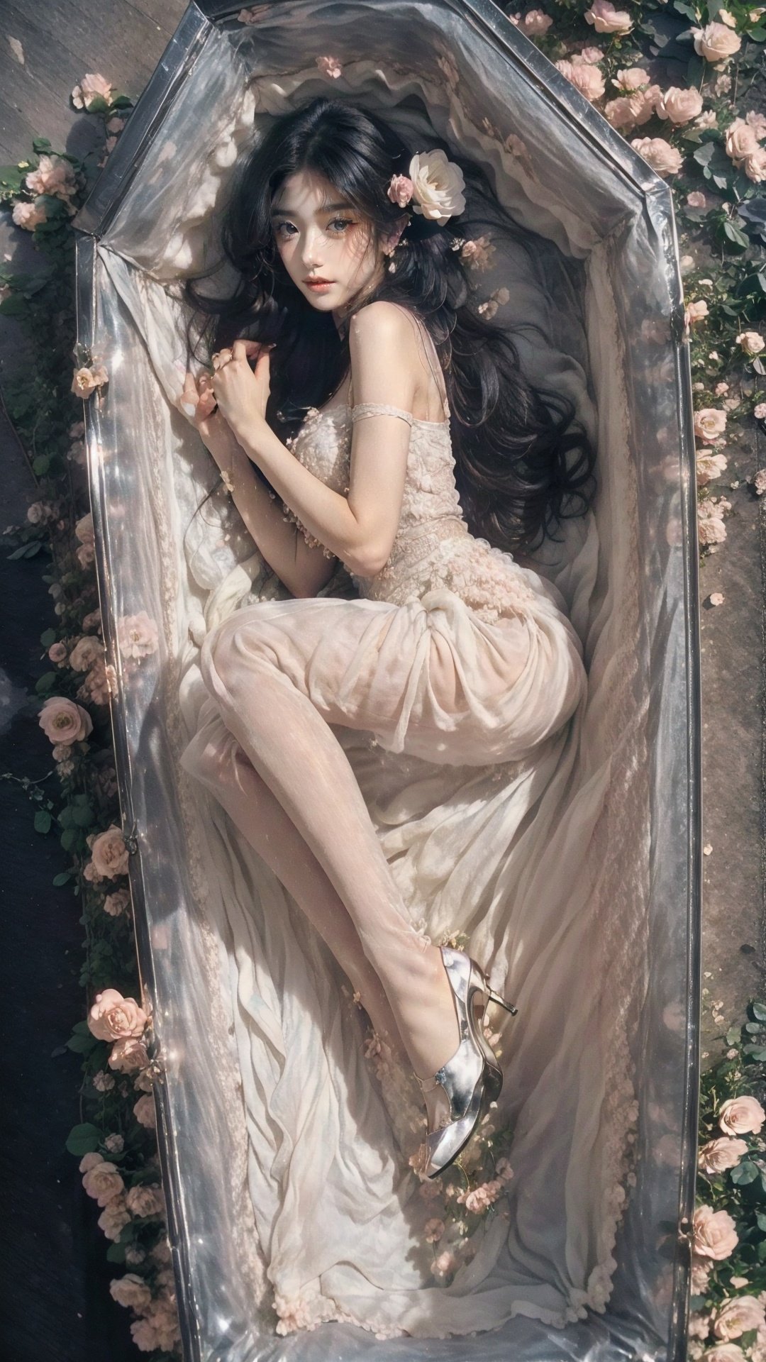 1girl,flower,high heels,black dress,crystal,gem,solo,(lying),(coffin),Ethereal and muted color palette with a focus on black and gold,(masterpiece),(best quality),(make up),blush,earring,heart,<lora:coffin棺:0.56>,<lora:星:0.38>,(photorealistic:1.4),bai(\yang)\,chibi,(flower),hair ornament,melancholy,Moody,(atmospheric),fine details,cinematic composition,soft lighting,nostalgic,evocative,hazy atmosphere,a sense of solitude,dreamlike atmosphere,melancholic,in_coffin,melancholy,nostalgic,solitude,elegance and sophistication,introspective composition,vintage elements,(blue roses:1.2),ridiculous fantasies,detailed textures,evocative composition,(flower field:1.2),<lora:Detail Tweaker LoRA（细节调整LoRA）:0.35>,<lora:behisheroinev2:0.08>,white footwearblurry,legs,slim legs,(full body:1.1),(be his heroine:0.3),<lora:WarmLight暖光:0.4>,<lora:Mysterious signs 神秘符號:0.45>,<lora:肉色吊带袜油光版:0.45>,pool,high strappy shoes,(gianvito rossi),focus on the character's face,pretty face,PERFECT FACE,perfect hand,golden light,wonderful light,sea,<lora:光影玫瑰_v1.0:0.4>,<lora:花碎花:0.6>,<lora:add_detail加细节:0.4>,