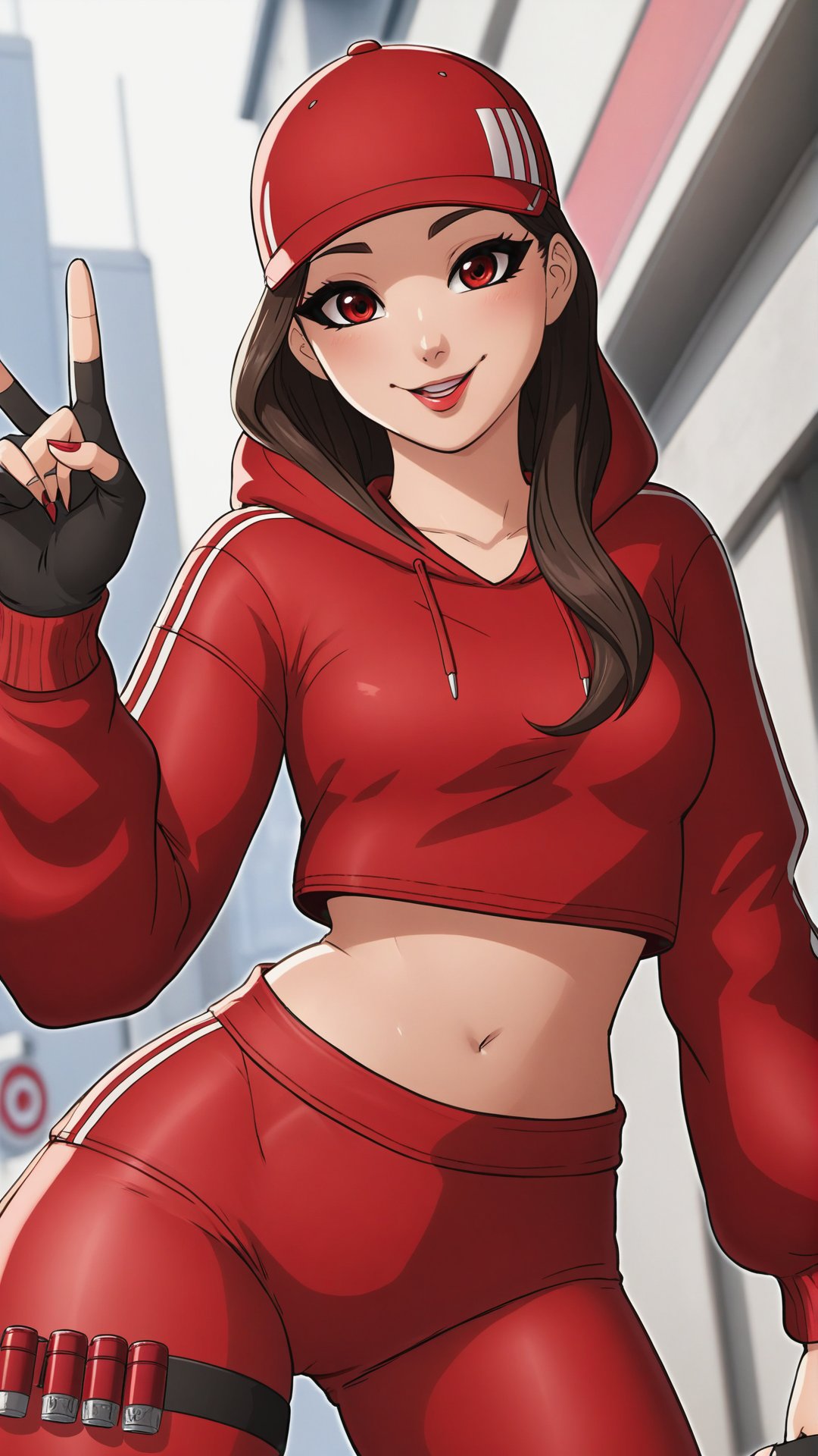anime art of xrby,  wearing a red xxcc outfit,  raising her hand in a peace sign gesture,  stood in tokyo, <lora:EMS-58748-EMS:0.900000>