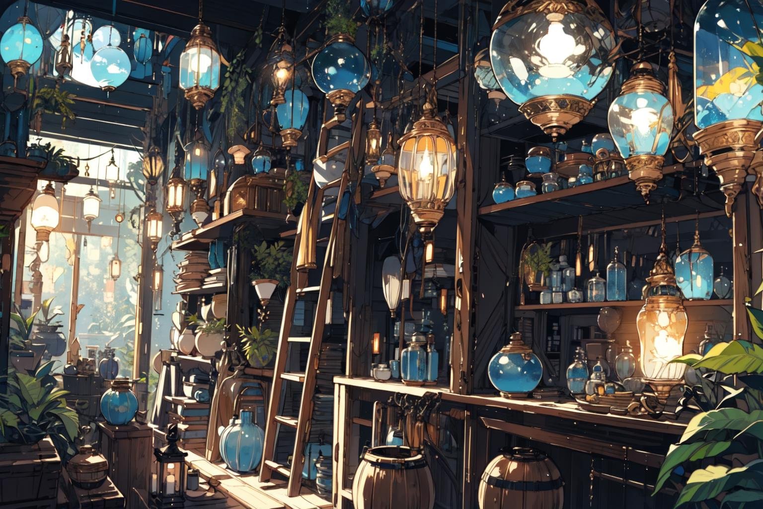 (masterpiece:1.2), best quality,PIXIV, Night scene,scenery, no humans, window, plant, potted plant, indoors, shelf, wooden floor, lantern, lamp, book, bookshelf, blurry, table, jar, depth of field, chair, cup, fantasy, barrel, ladder <lora:Night scene_20230715120543:1>