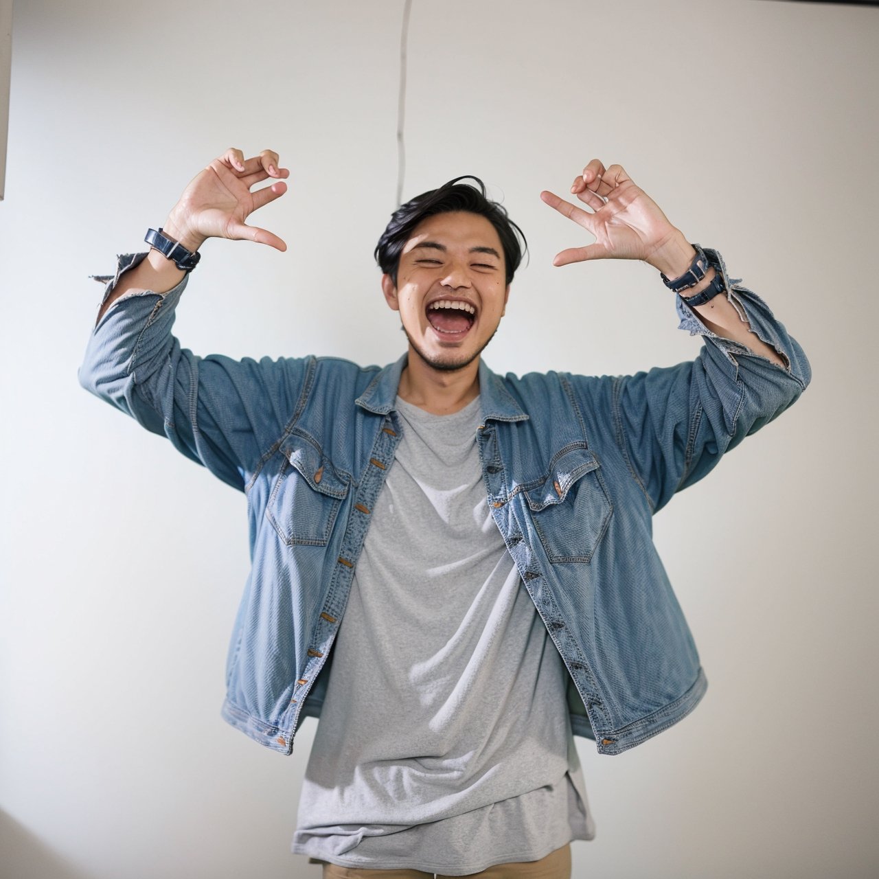 hair, studio background, 28  year old male, grin, open mouth, solo, jacket,putra
