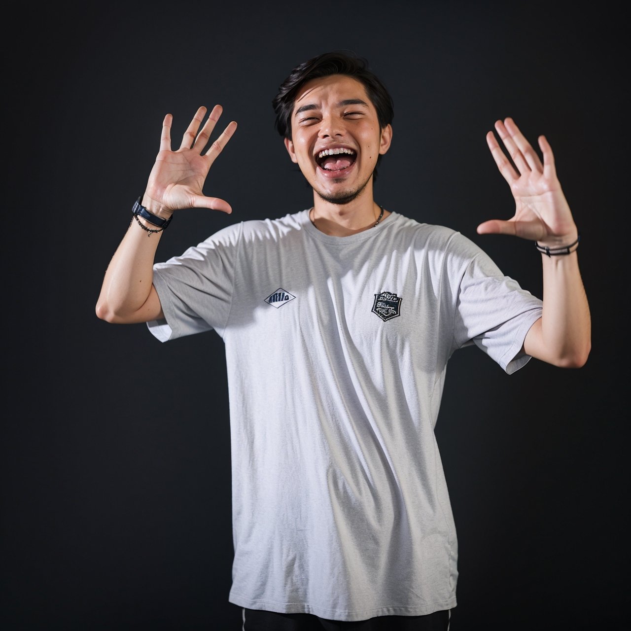 hair, studio background, 22  year old male, grin, open mouth, ,putra