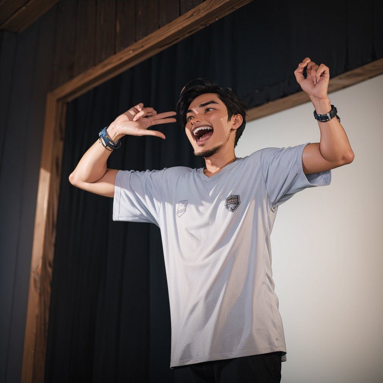 hair, studio background, 22  year old male, grin, open mouth, ,putra