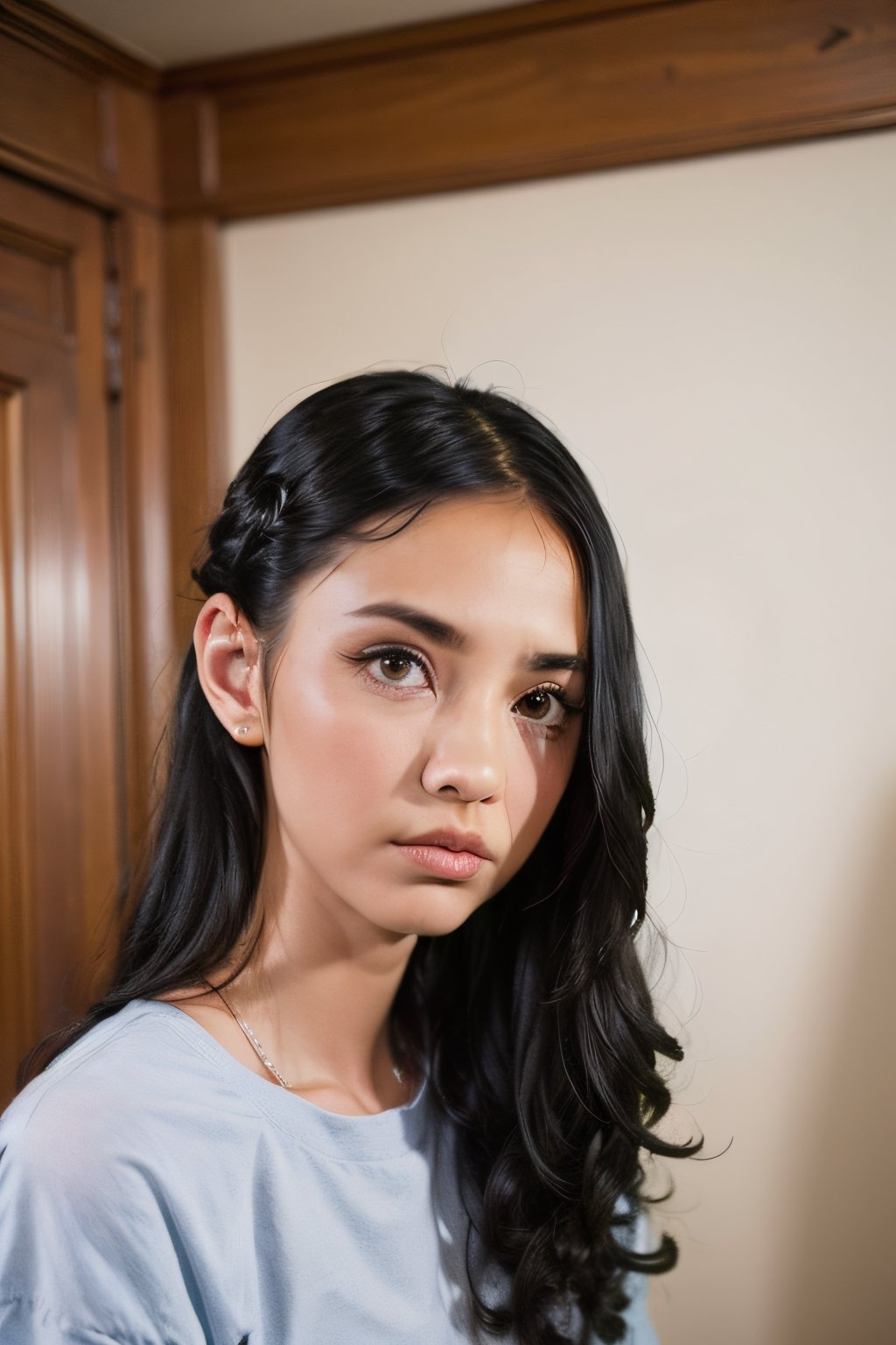Girl, frowning eyebrows, suspicious look, sharp look, hair, portrait, perfect skin, detailing,dinda