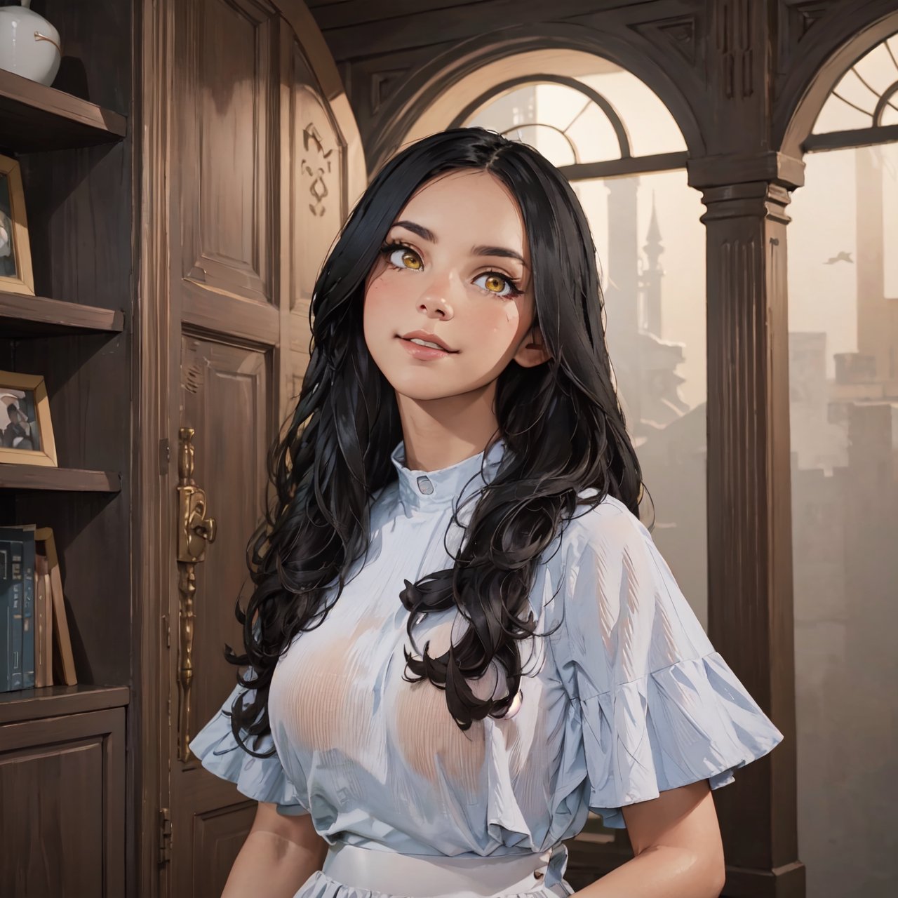  atmospheric scene,  masterpiece,  best quality,  (detailed face,  detail skin texture,  ultra-detailed body),  (cinematic light:1.1),    ,  r0seb7rne-smf,  solo,  realistic,  long hair,  lips,  yellow eyes,  looking at viewer,  black hair,  upper body,  smile,  long white and black dress,  big breasts, ,dinda