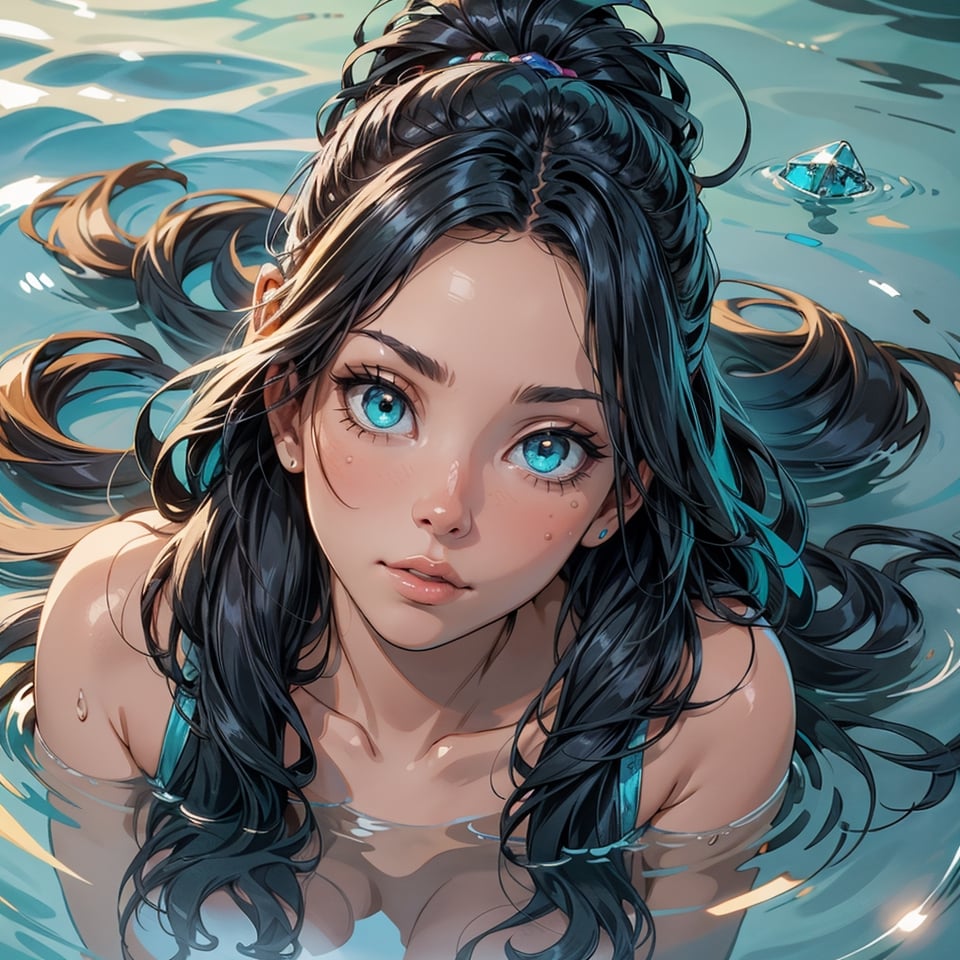 The girl's face looks out of the water, lying in the water, turquoise eyes, looking up, relaxed, crystal clear water, top view, excellent quality, elaborate and complex details, masterpiece, glare, reflections, shine water, glowing,High detailed, dinda
