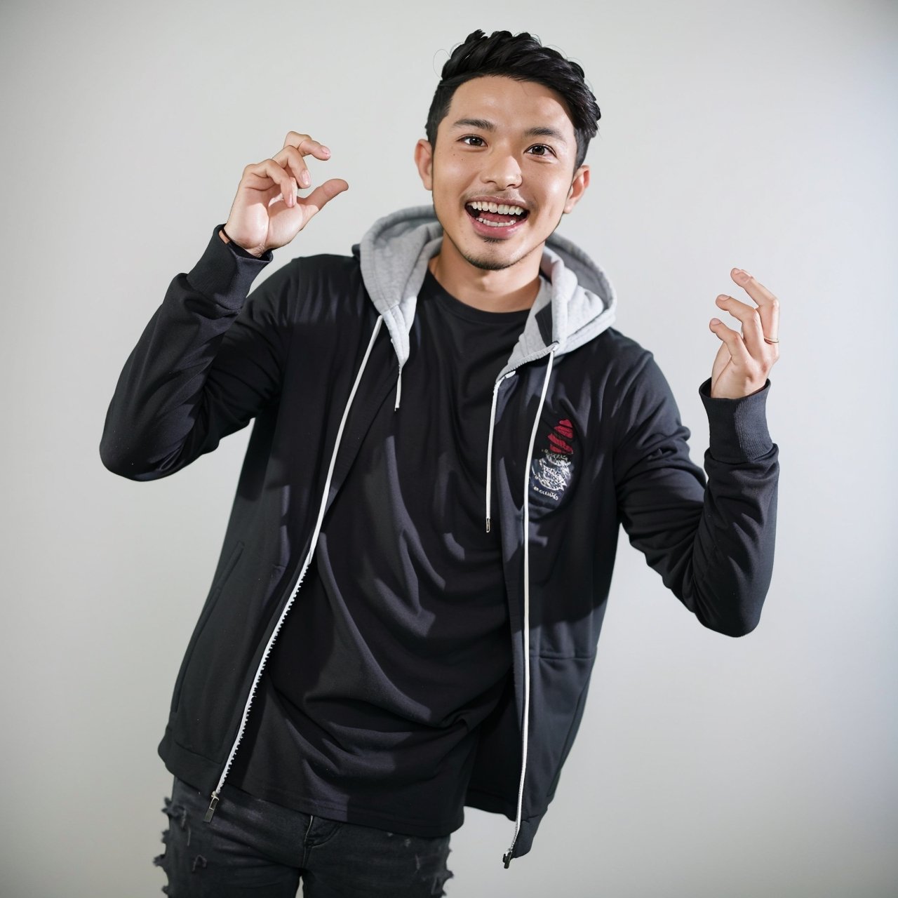 hair, studio background, 28  year old male, grin, open mouth, ,adjie, solo, jacket