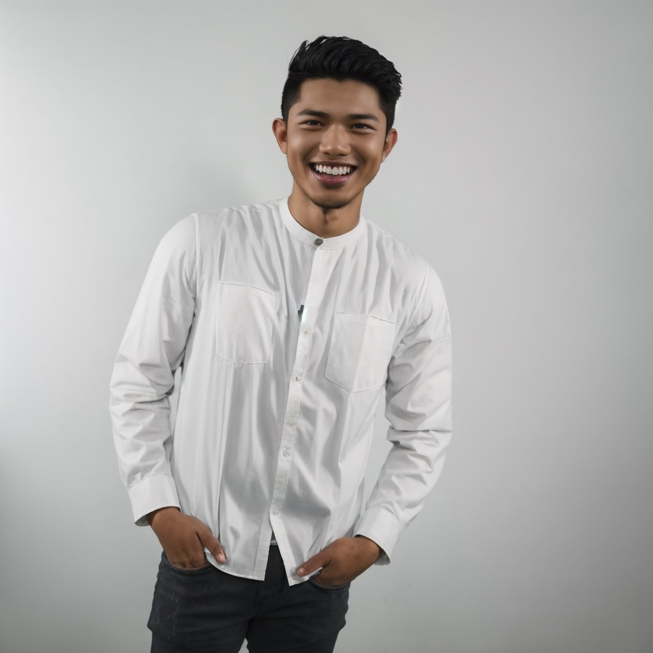 hair, studio background, 22  year old male, grin, open mouth, ,adjie