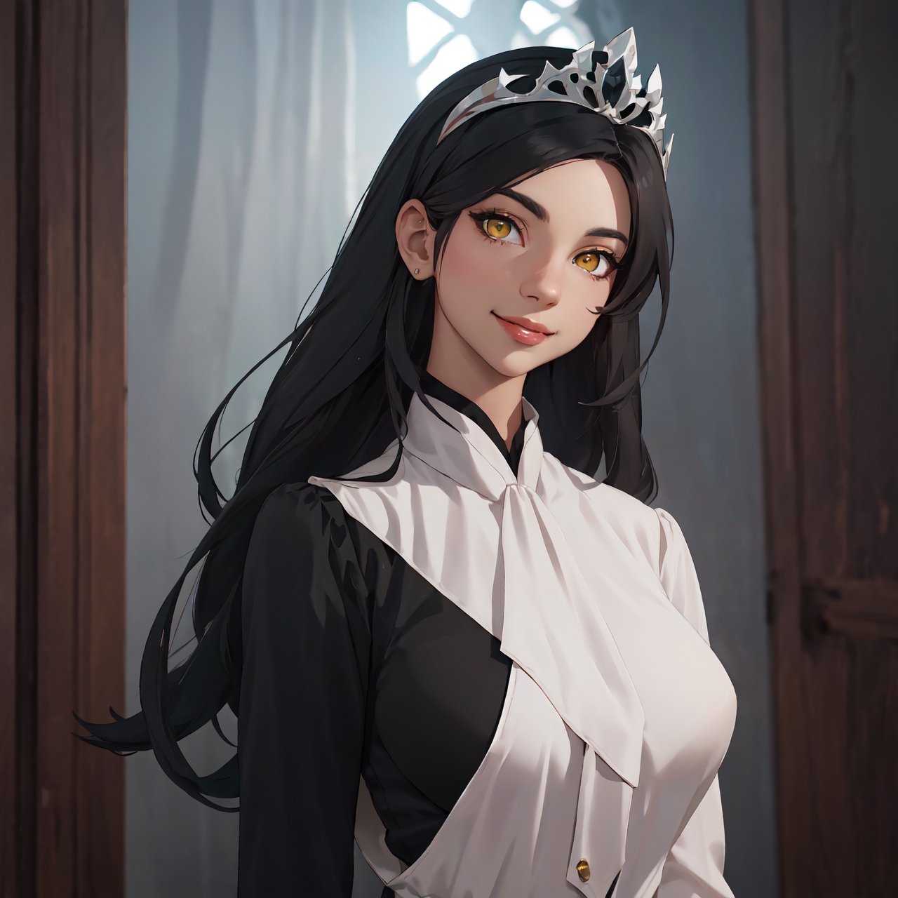  atmospheric scene,  masterpiece,  best quality,  (detailed face,  detail skin texture,  ultra-detailed body),  (cinematic light:1.1),    ,  r0seb7rne-smf,  solo,  realistic,  long hair,  lips,  yellow eyes,  looking at viewer,  black hair,  upper body,  smile,  long white and black dress,  big breasts, ,tiara