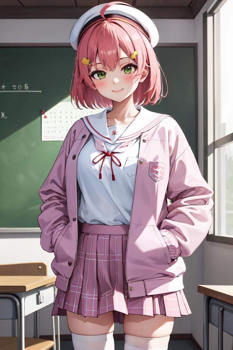 masterpiece, best quality, absurdres, perfect anatomy, MikoSchool, ahoge, short hair, hairclip, white headwear, school uniform, white shirt, sailor collar, pink skirt, plaid, thighhighs, pink jacket, hands in pockets, indoors, classroom, smile, <lora:SakuraMiko:0.8>