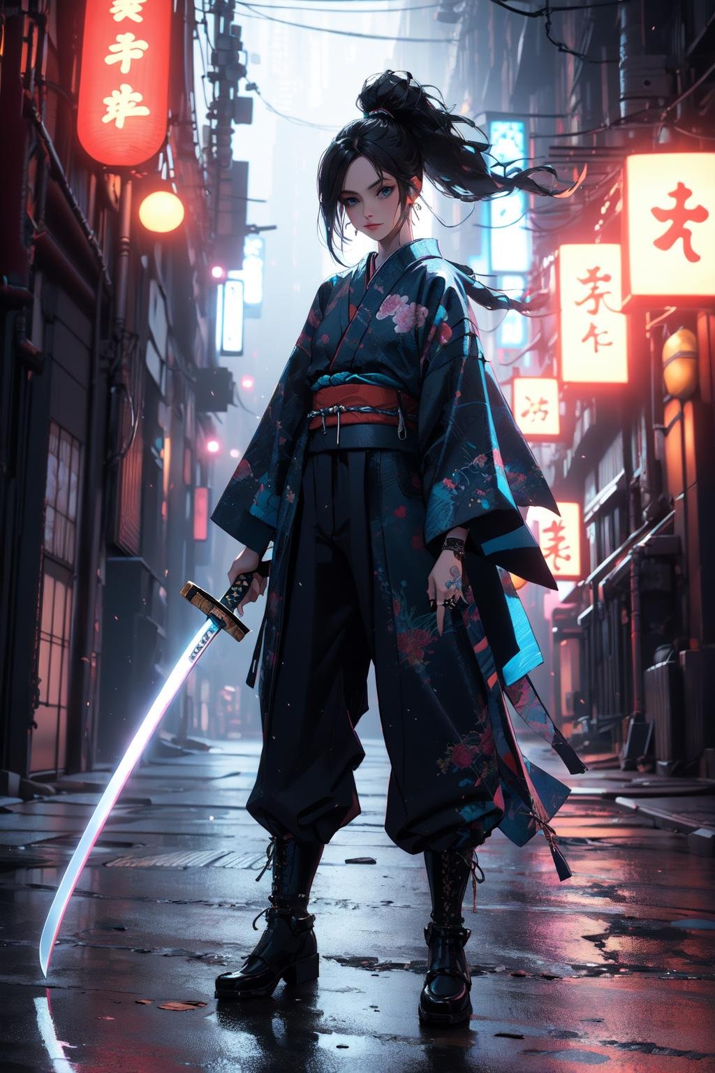 (masterpiece:1.2), best quality,cg,3d, Samurai girl,1girl, solo, weapon, black hair, sword, jewelry, tattoo, cyberpunk, earrings, standing, katana, japanese clothes, looking at viewer, full body, sheath, pants, boots, neon lights, sheathed, long hair, ponytail, ring, kimono, blue eyes, black pants,colorful cloth <lora:武士少女:1>