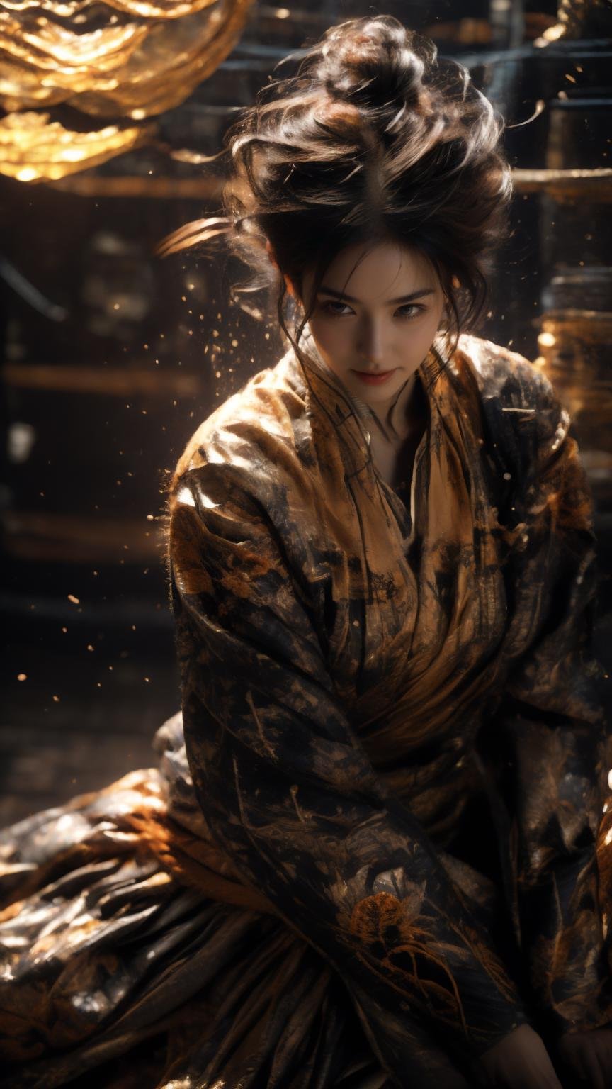 masterpiece,best quality,highest detail,detailed background,insane details,intricate,aesthetic,1girl,Samurai girl,full body,light smile,charming,20yo,Sunset orange hair,half updo hair.Mohawk,Floral embroidered mesh overlay dress,Drape,Sitting,<lora:add_detail:1>,<lora:liujin_20231009043509:0.7>,<lora:Samurai girl:0.8>,