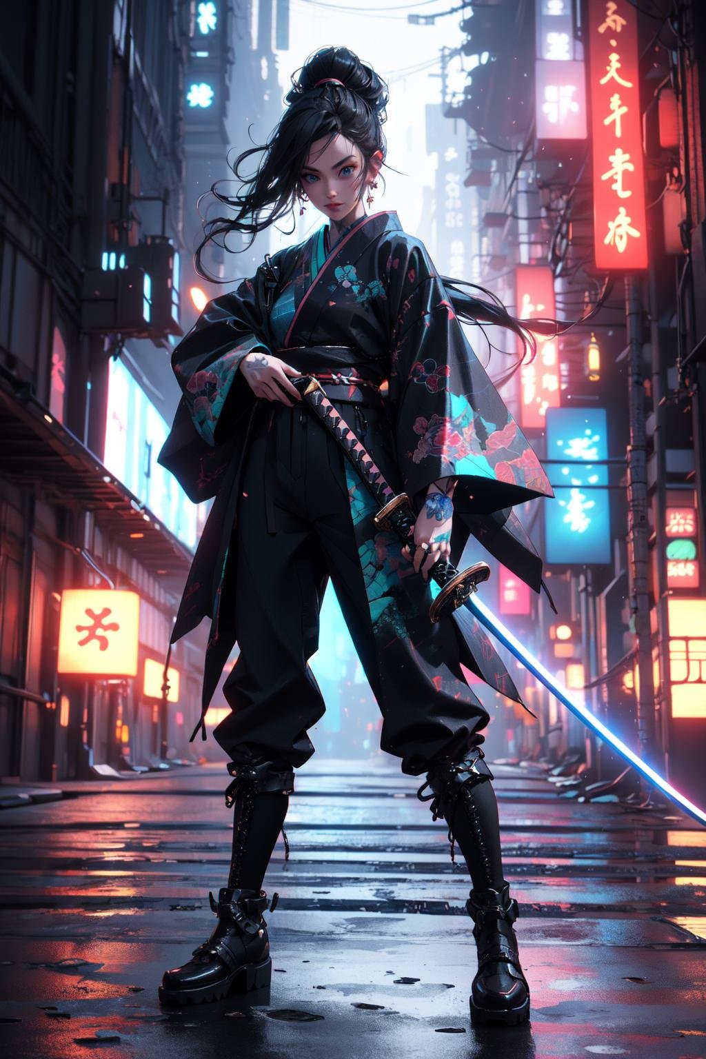 (masterpiece:1.2), best quality,cg,3d, Samurai girl,1girl, solo, weapon, black hair, sword, jewelry, tattoo, cyberpunk, earrings, standing, katana, japanese clothes, looking at viewer, full body, sheath, pants, boots, neon lights, sheathed, long hair, ponytail, ring, kimono, blue eyes, black pants <lora:武士少女:1>