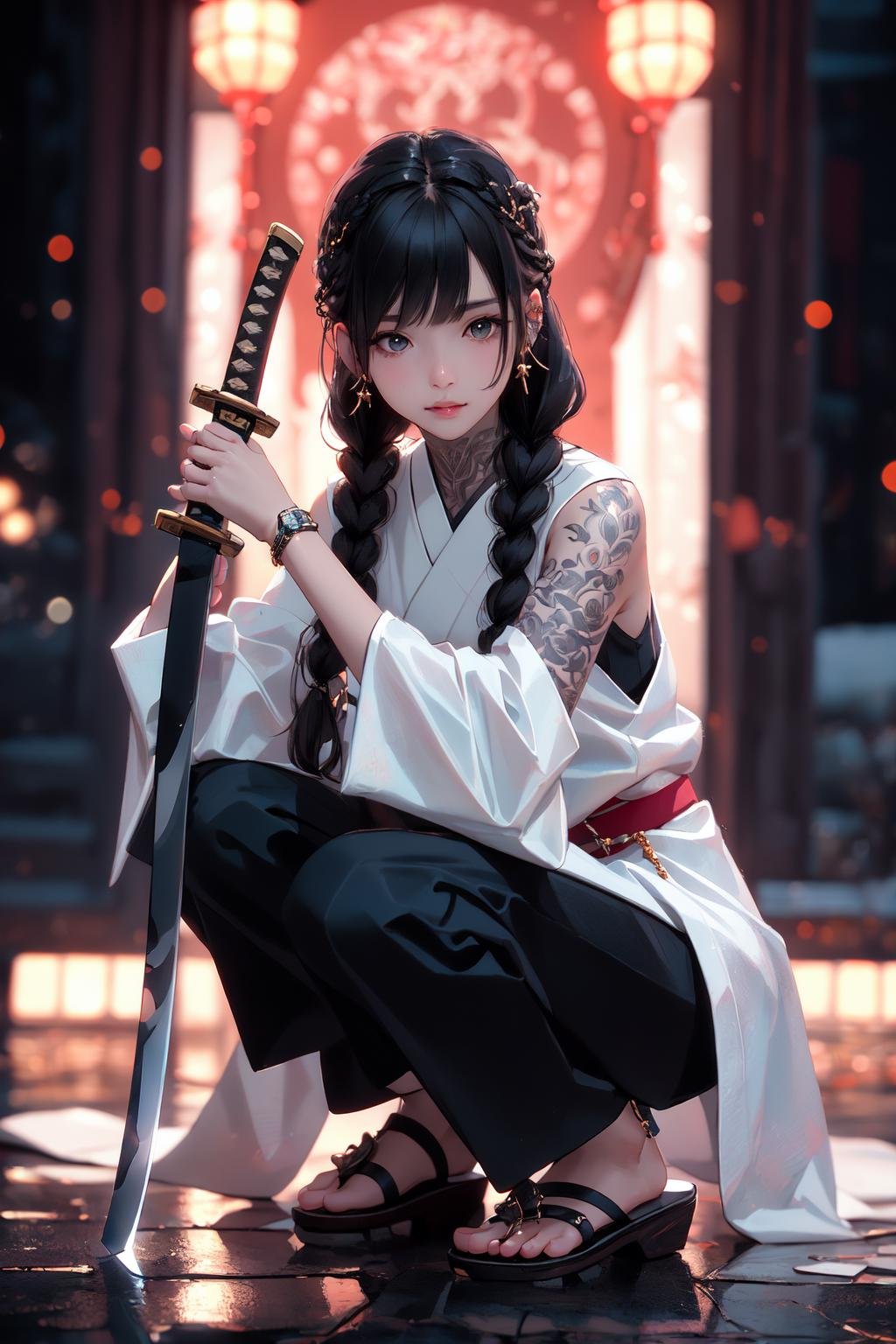 (masterpiece:1.2), best quality,PIXIV, Samurai girl, 1girl, weapon, sword, solo, jewelry, long hair, holding weapon, holding, pants, holding sword, earrings, looking at viewer, blurry, black hair, tattoo, detached sleeves, brown eyes, full body, hair over shoulder, blurry background, shirt, braid, squatting, white shirt, lips, ring, sandals, black pants, katana, one knee, long sleeves, closed mouth, twin braids, hair ornament, depth of field, sleeveless<lora:Samurai girl_20230919201612-000018:0.8>
