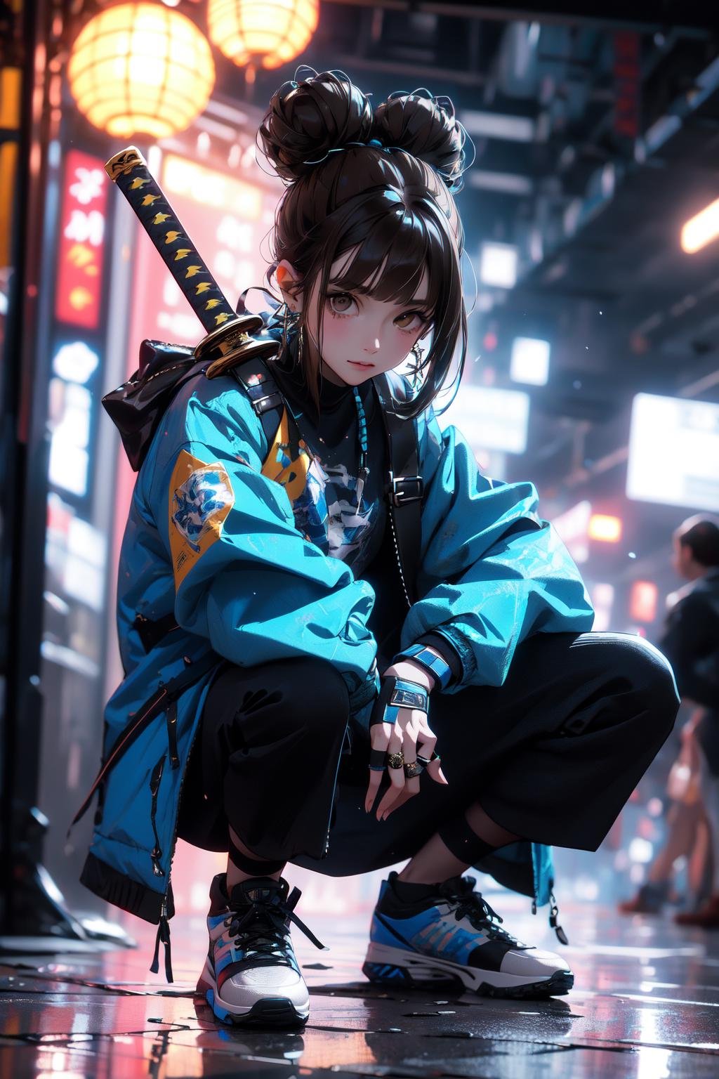 (masterpiece:1.2), best quality,cg,3d, Samurai girl,1girl, solo, sword, weapon, jewelry, sneakers, black hair, shoes, squatting, sheath, katana, hair bun, jacket, blurry, holding, ring, pants, earrings, long sleeves, holding weapon, black pants, blue jacket, holding sword, single hair bun, sheathed, blurry background, bag, depth of field, closed mouth, full body, reflection, looking at viewer, fingerless gloves, long hair, gloves, bangs, brown eyes, sidelocks <lora:武士少女:1>
