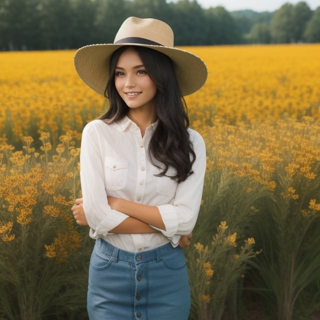 (Blonde hair), flower_field, 22 year old woman, small smile, wearing black outer, wearing woman hat, ,nindi