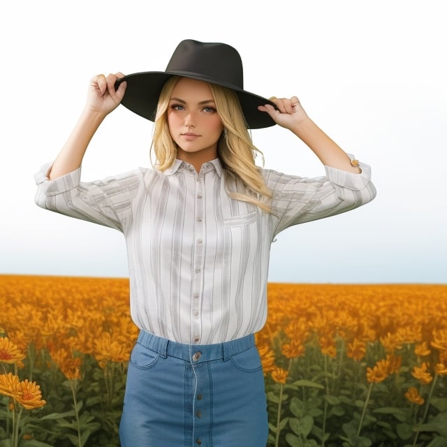 (Blonde hair), flower_field, 22 year old woman, small smile, wearing black outer, wearing woman hat, ,nindi