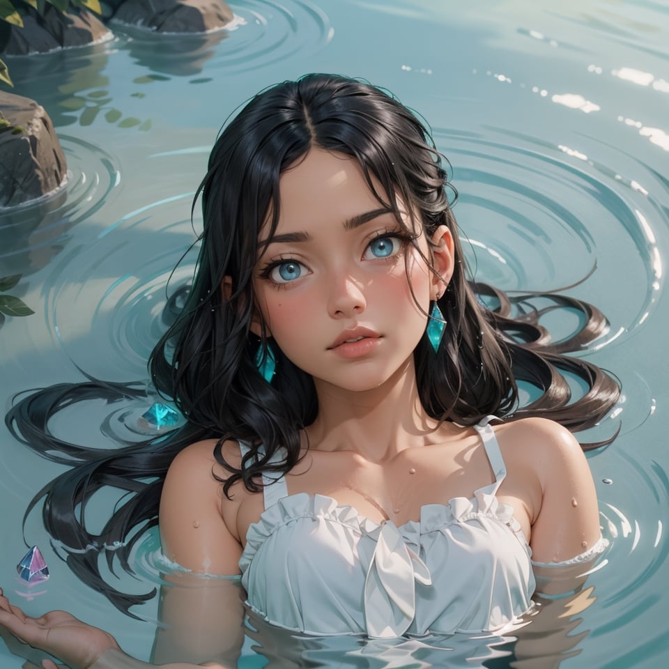 The girl's face looks out of the water, lying in the water, turquoise eyes, looking up, relaxed, crystal clear water, top view, excellent quality, elaborate and complex details, masterpiece, glare, reflections, shine water, glowing,High detailed ,nindi