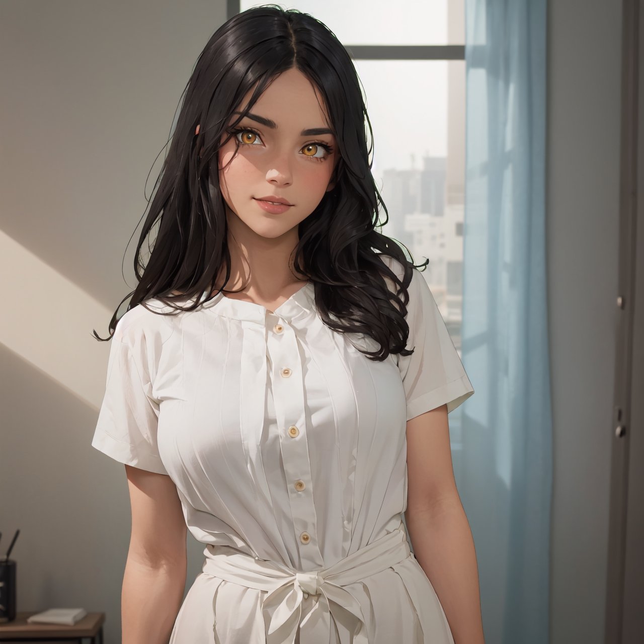  atmospheric scene,  masterpiece,  best quality,  (detailed face,  detail skin texture,  ultra-detailed body),  (cinematic light:1.1),    ,  r0seb7rne-smf,  solo,  realistic,  long hair,  lips,  yellow eyes,  looking at viewer,  black hair,  upper body,  smile,  long white and black dress,  big breasts, ,nindi