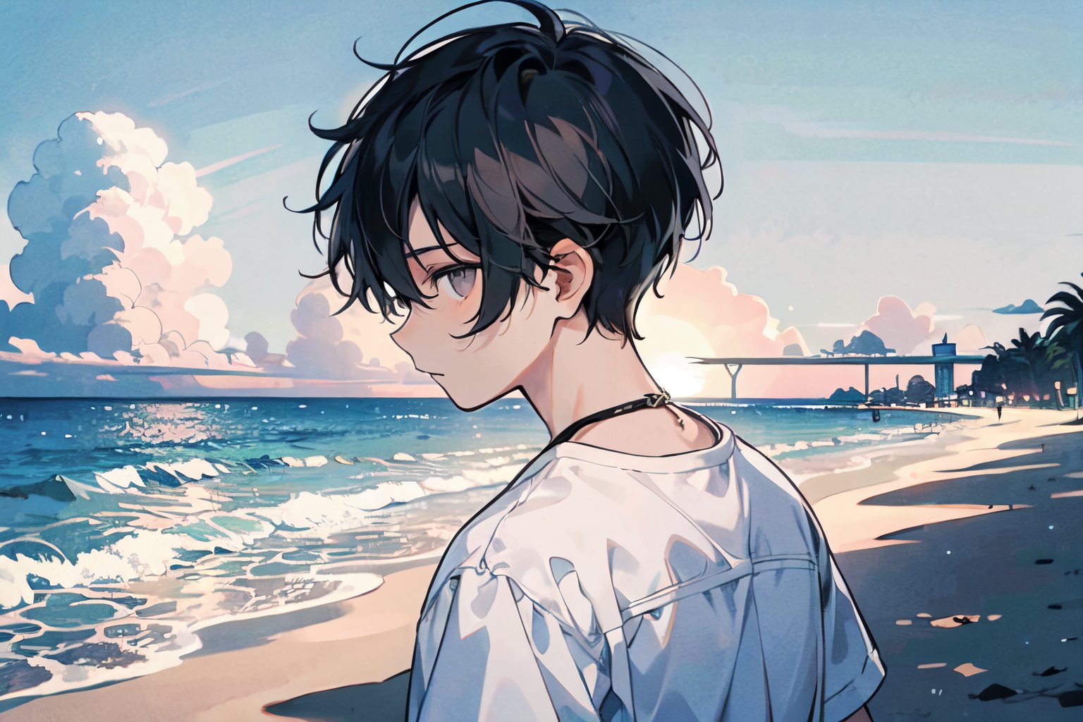 A boy with half a head of black hair and gray eyes stands on a beach on a sunny day. The boy is wearing a white short-sleeved shirt and blue jeans. The boy looks at the camera. His back is to the light. 