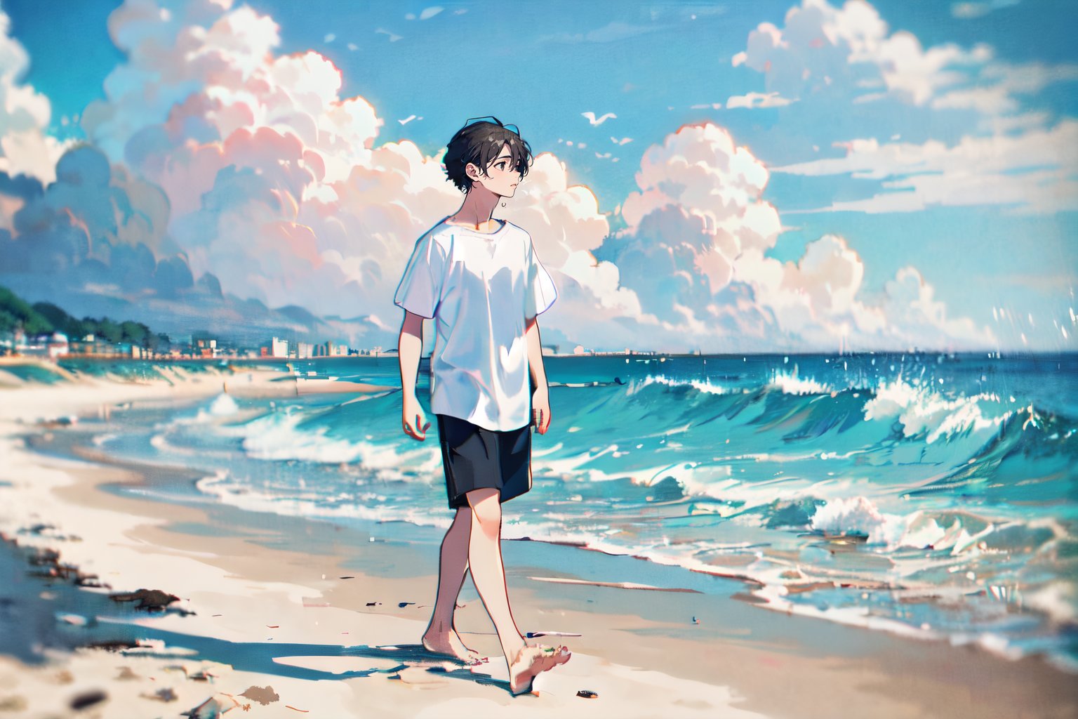 A beautiful boy with dark hair is walking along the beach. He wears a white shirt that flutters in the wind and walks barefoot on the beach where the waves are crashing.