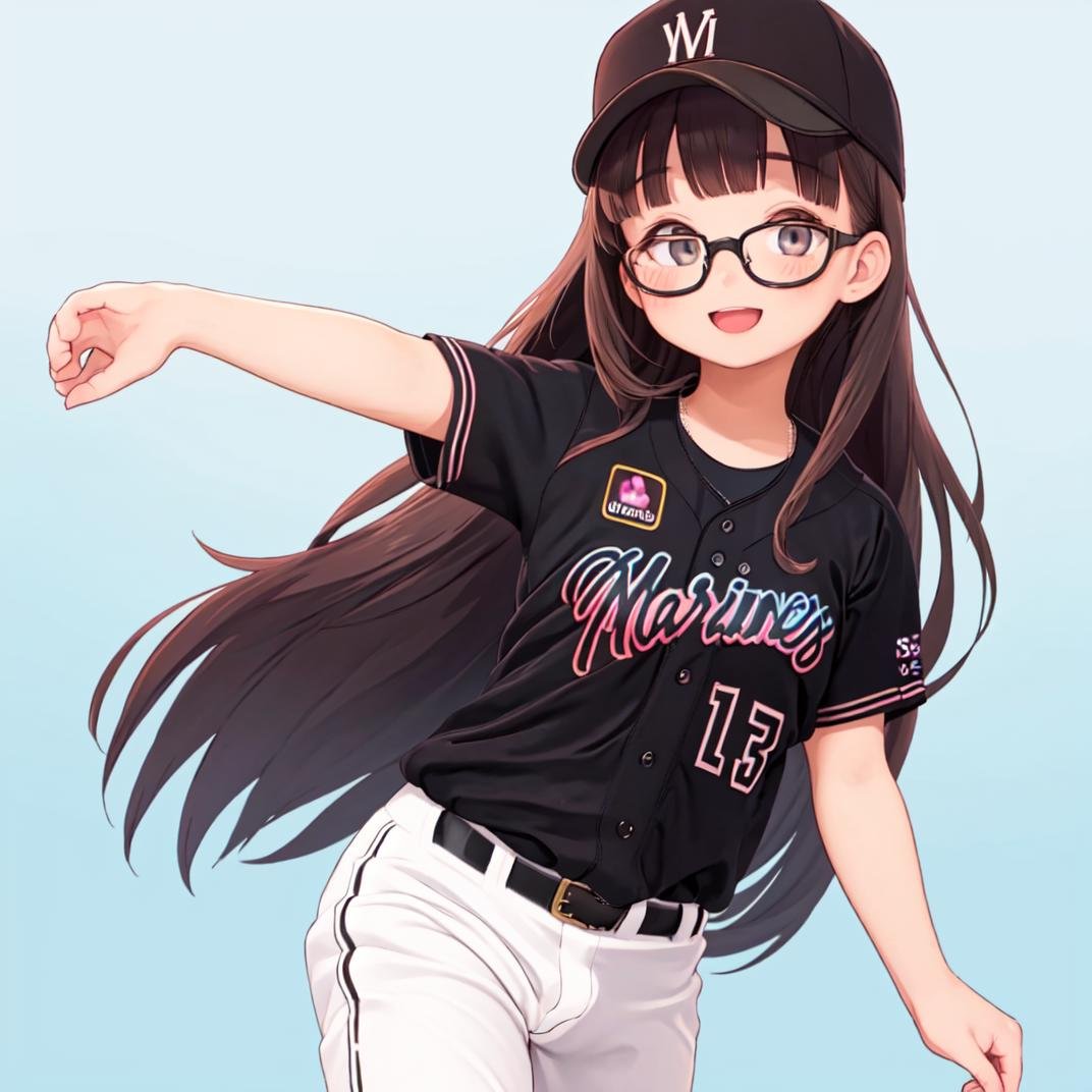 best quality, ultra-detailed, illustration,1girl, solo, glasses, black hair, long hair, looking at viewer, happy, laughing, standing,BSW2023, baseball uniform, black shirt, baseball cap, white pants, gradient background, gradient<lora:Chiba_Lotte_Marines_BSW2023_Uniform_SD15_V1:0.8>