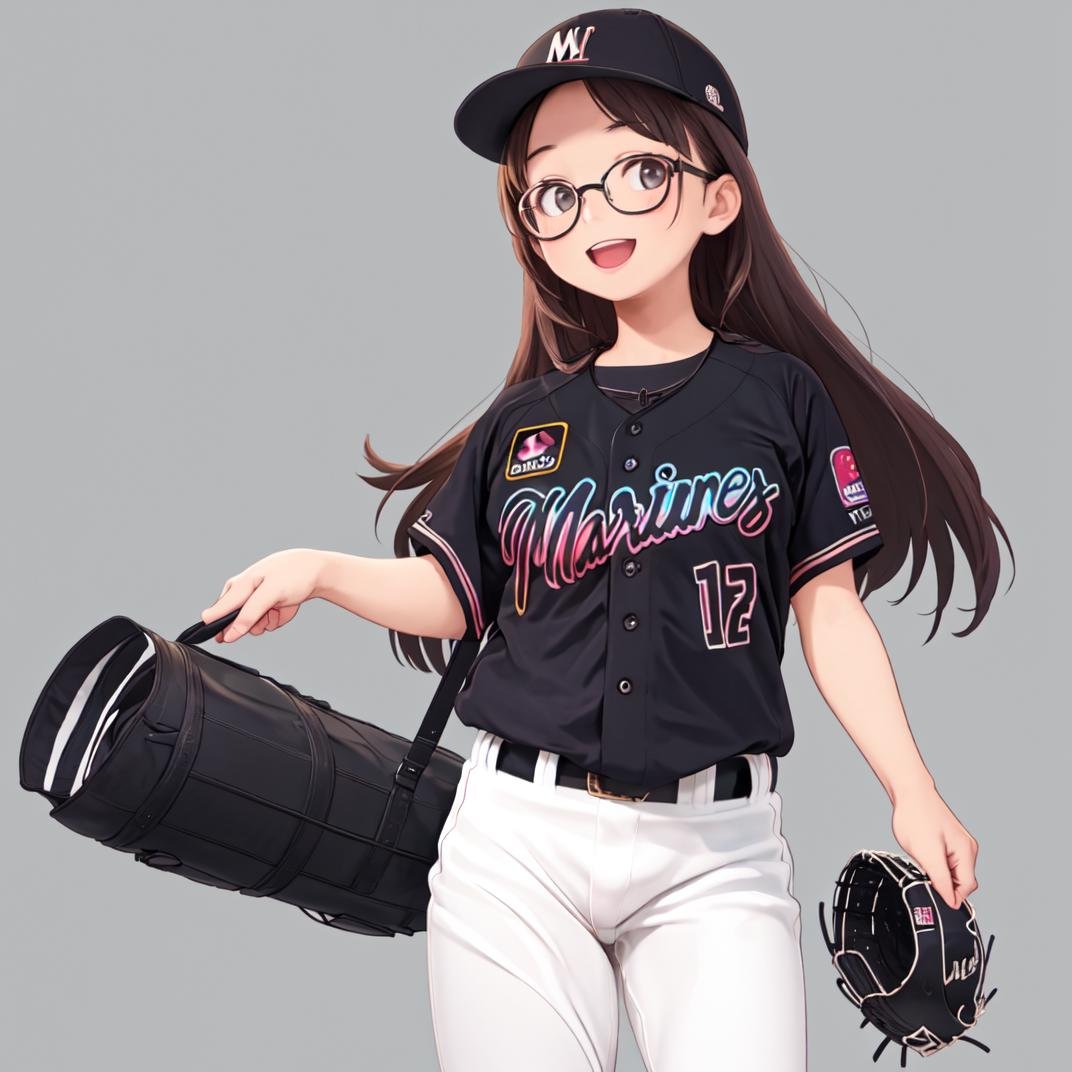 best quality, ultra-detailed, illustration,1girl, solo, glasses, black hair, long hair, looking at viewer, happy, laughing, standing,BSW2023, baseball uniform, black shirt, gray background, simple background, baseball cap, white pants, <lora:Chiba_Lotte_Marines_BSW2023_Uniform_SD15_V1:0.8>